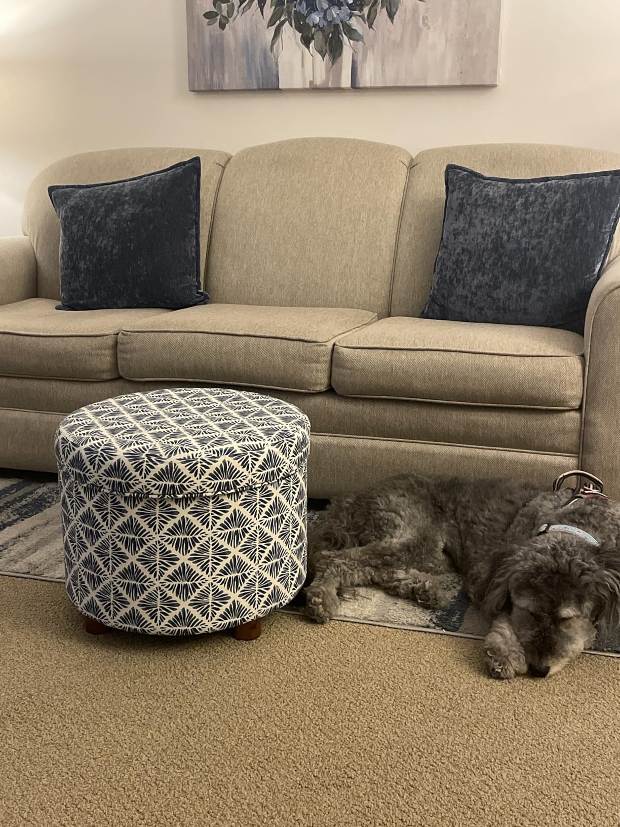 Homepop Home Decor | Upholstered Round Storage Ottoman | Ottoman with Storage for Living Room & Bedroom with Flared Legs, Navy Blue Geometric Pattern Large customer photo 1