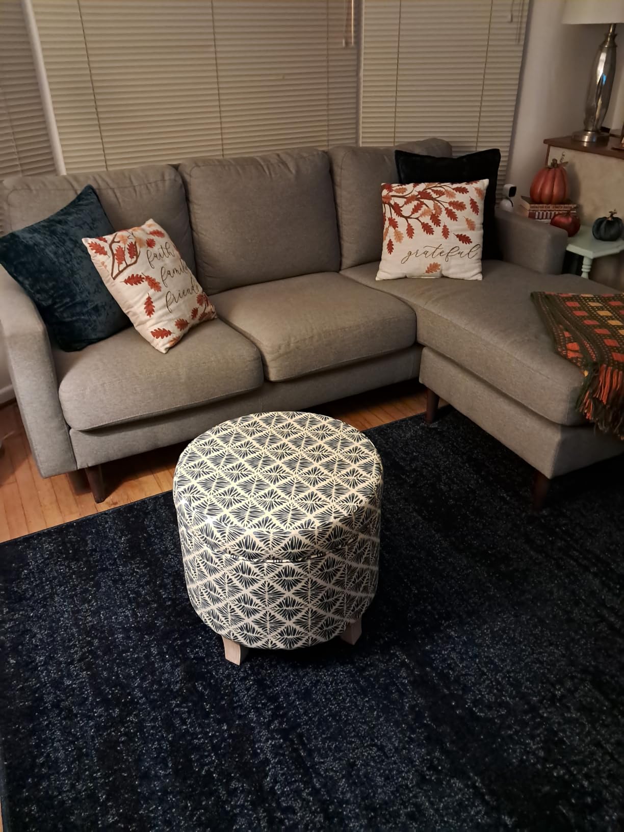 Homepop Home Decor | Upholstered Round Storage Ottoman | Ottoman with Storage for Living Room & Bedroom with Flared Legs, Navy Blue Geometric Pattern Large customer photo 2