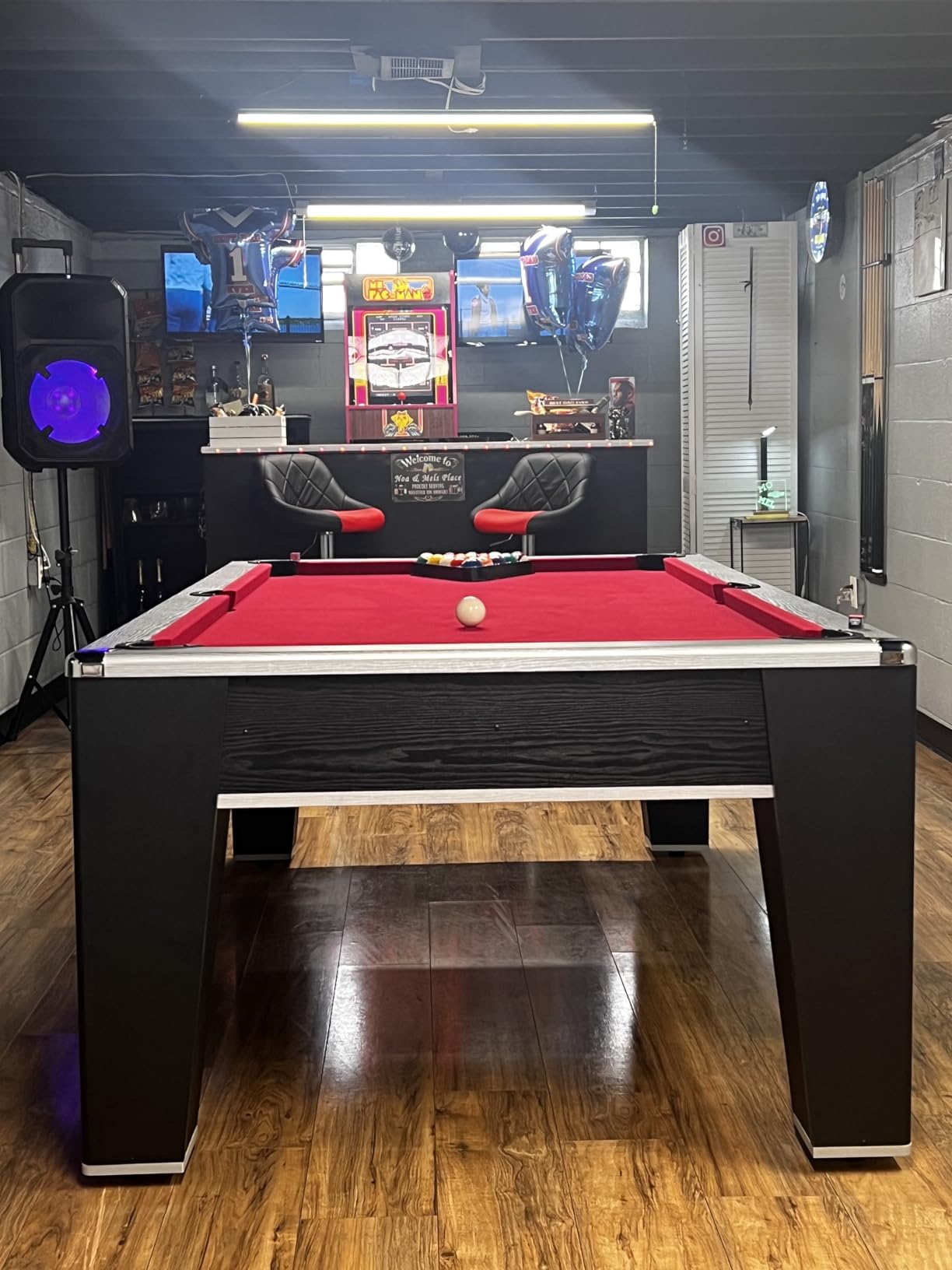 Hathaway Mirage 7.5ft Pool Table for Game Room - Billiard Table with Poly-Coated Non-Slate Playfield, Drop Pockets & Leg Levelers - Includes Cues, Pool Balls, Chalk, Triangle & Brush - Black & Silver customer photo 1