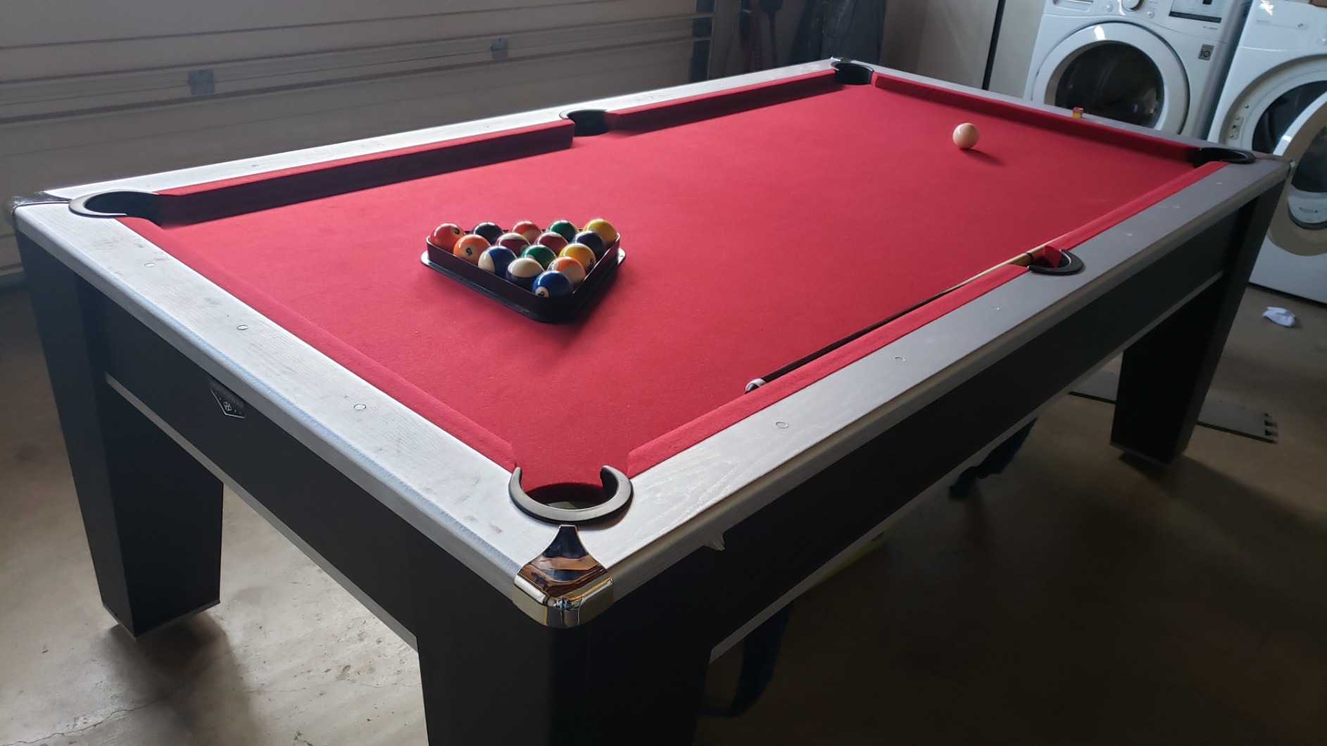 Hathaway Mirage 7.5ft Pool Table for Game Room - Billiard Table with Poly-Coated Non-Slate Playfield, Drop Pockets & Leg Levelers - Includes Cues, Pool Balls, Chalk, Triangle & Brush - Black & Silver customer photo 2