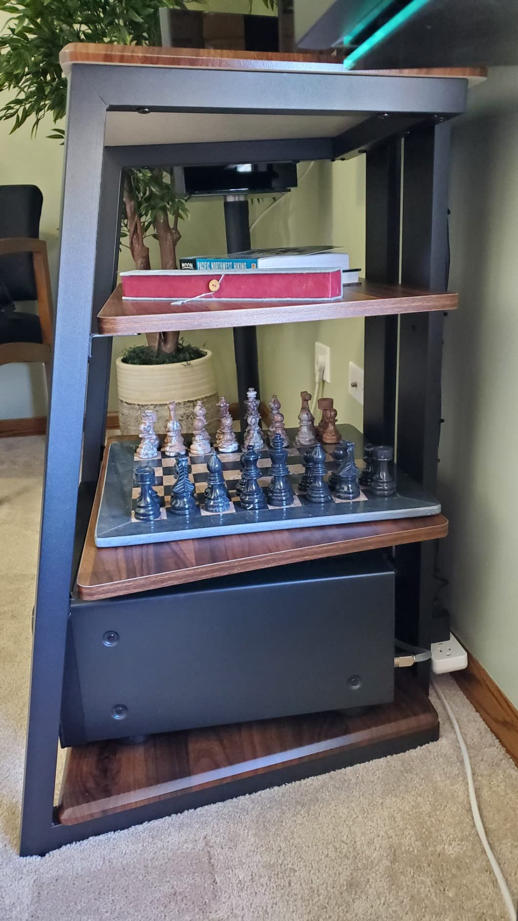 FITUEYES 4-Tier AV Media Stand Corner Shelf for Record Player Wooden Stereo Cabinet Audio Rack Tower with Height Adjustable Wooden Shelves (Walnut) customer photo 2