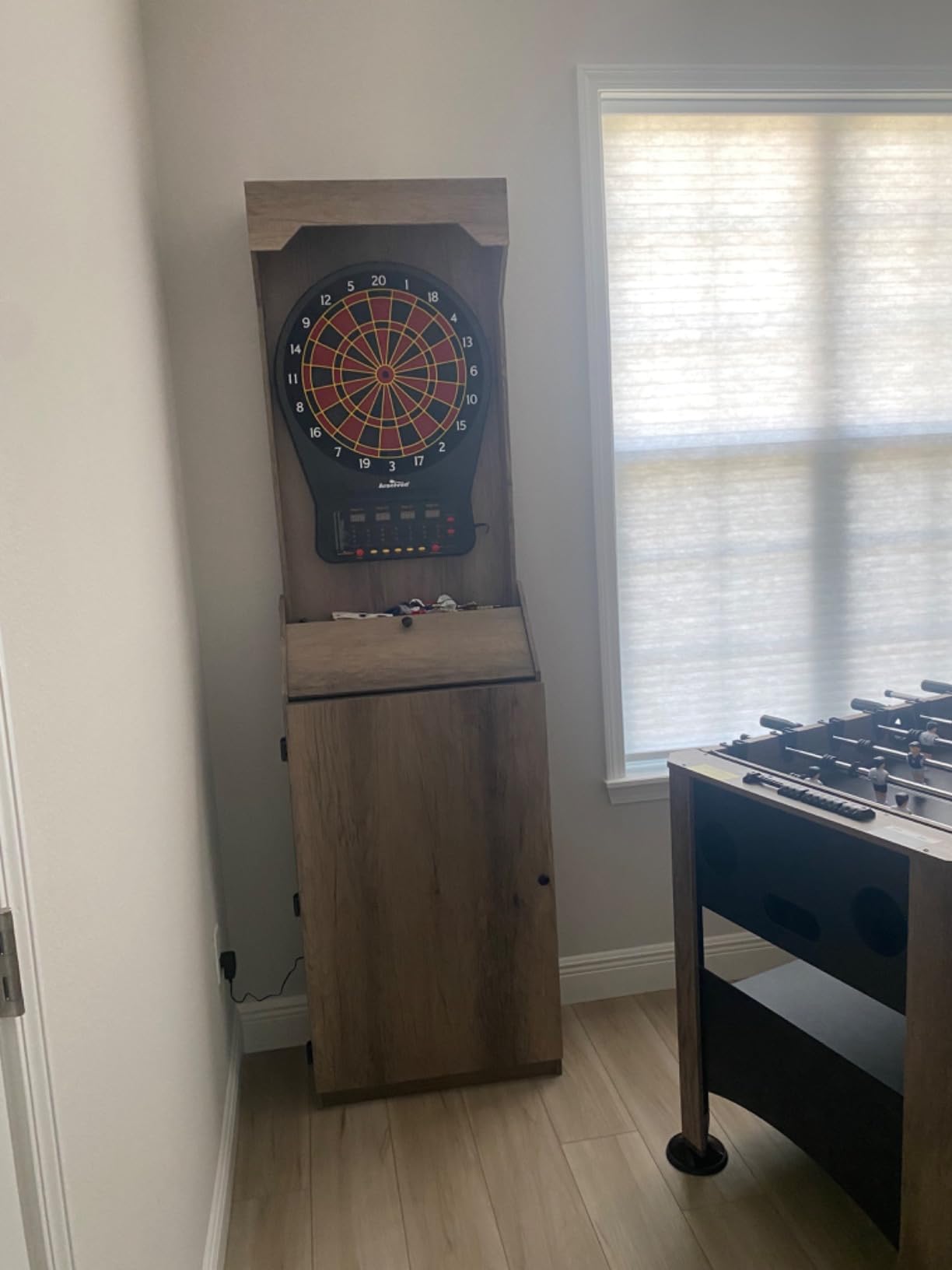 Arachnid Rustic Wood Cabinet: Freestanding LED Unit with E650 Electronic Board. Features 33 Games, 303 Variations, and 8-Player Scoring. Includes 6 Darts and Accessories for a Complete Setup customer photo 1