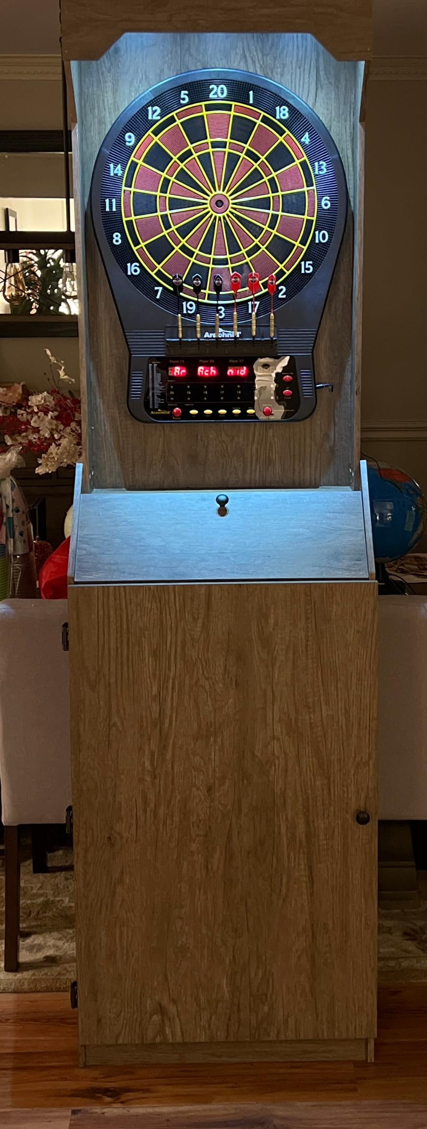 Arachnid Rustic Wood Cabinet: Freestanding LED Unit with E650 Electronic Board. Features 33 Games, 303 Variations, and 8-Player Scoring. Includes 6 Darts and Accessories for a Complete Setup customer photo 2