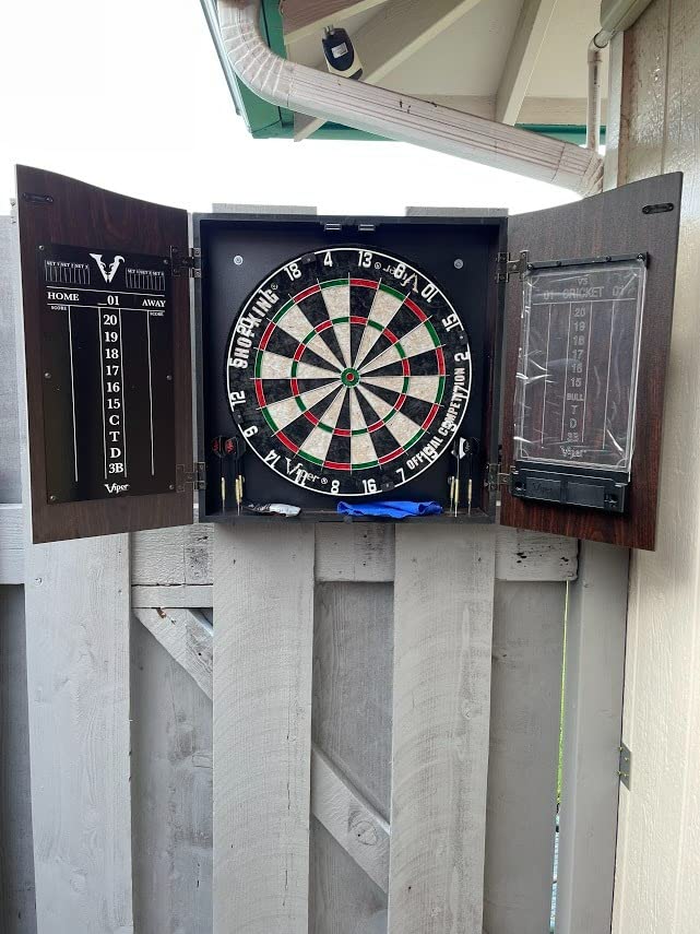 Vault Deluxe Dartboard Cabinet with Shot King Sisal Dartboard and Illumiscore Scoreboard, Wood customer photo 2