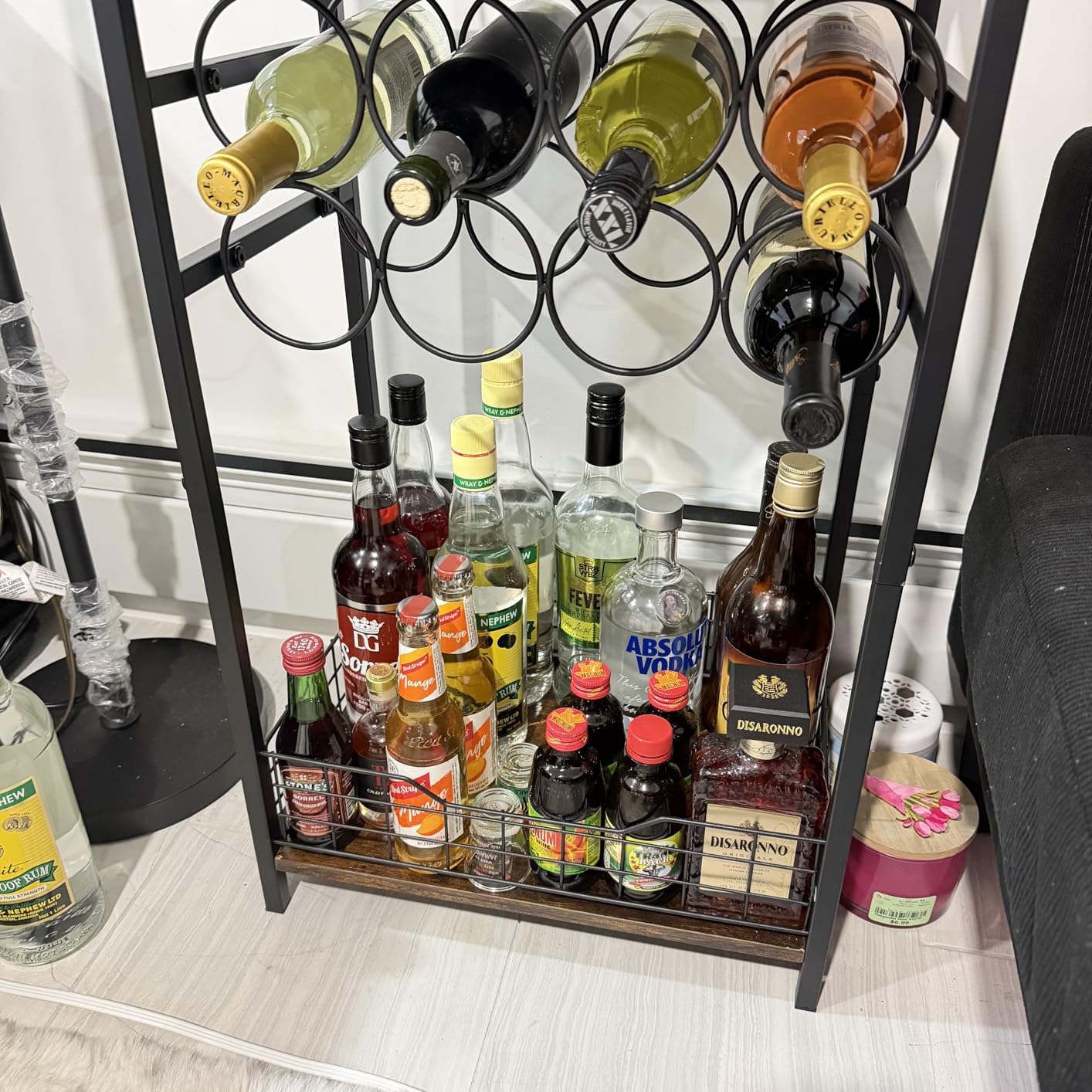 3-Tier Wine Rack Freestanding Floor Cabinet Corner Bar Cabinet Bar Cart, 12 Individual Wine Storage Bottle Compartments Corner Bar Cabinet Holder, Wood + Black Frame Liquor Cabinet customer photo 2