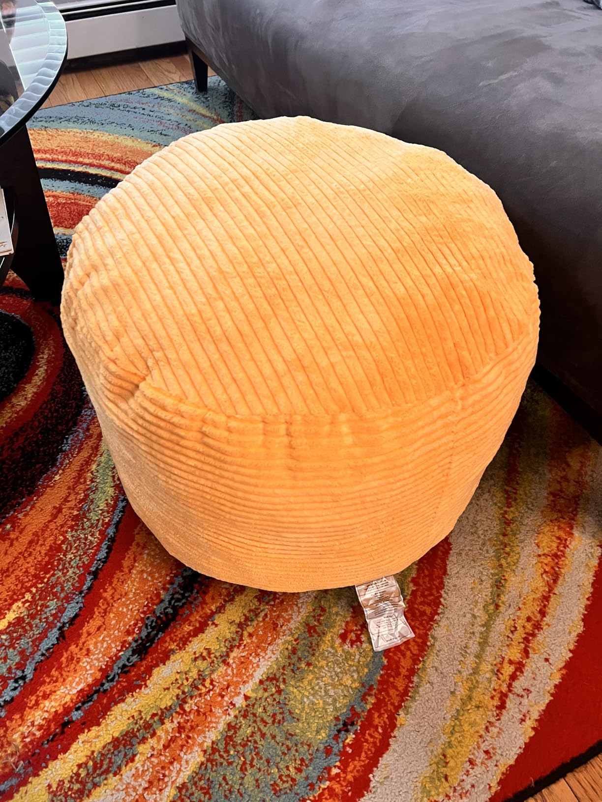 HIGOGOGO Round Stuffed Pouf Ottoman, Corduroy Poufs with Foam Chunk Filling, Furry and Fluffy Pouf Foot Stool Storage Ottoman, 20 X 15 Floor Poufs Foot Rest for Living Room, Dark Grey customer photo 1