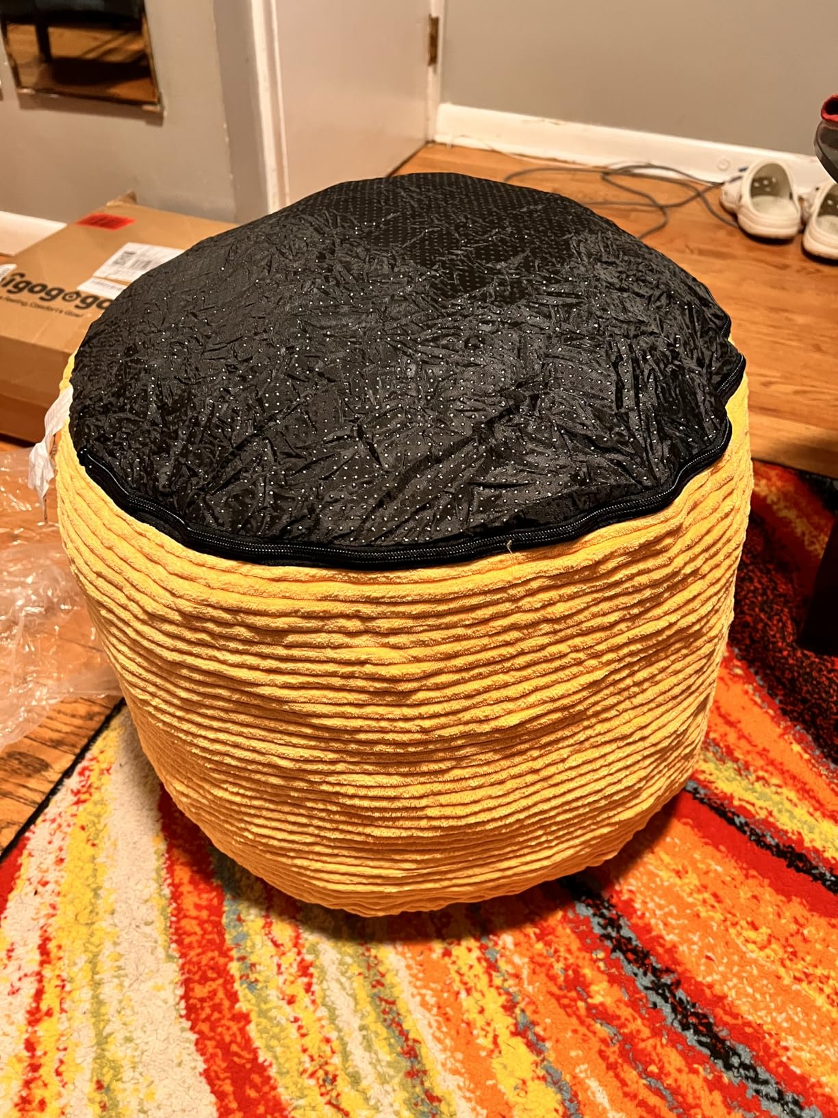 HIGOGOGO Round Stuffed Pouf Ottoman, Corduroy Poufs with Foam Chunk Filling, Furry and Fluffy Pouf Foot Stool Storage Ottoman, 20 X 15 Floor Poufs Foot Rest for Living Room, Dark Grey customer photo 2