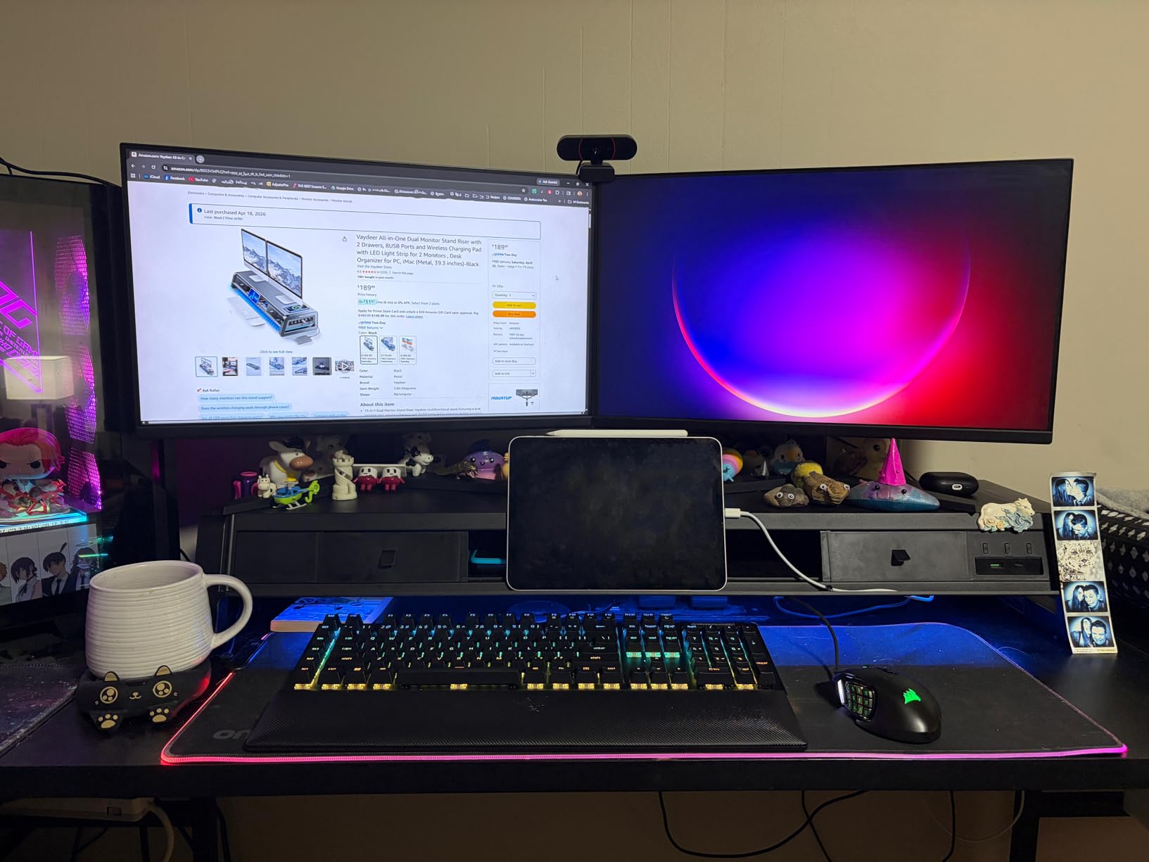 Vaydeer All-in-One Dual Monitor Stand Riser with 2 Drawers, 8USB Ports and Wireless Charging Pad with LED Light Strip for 2 Monitors, Desk Organizer for PC, iMac (Metal, 39.3 inches) customer photo 1
