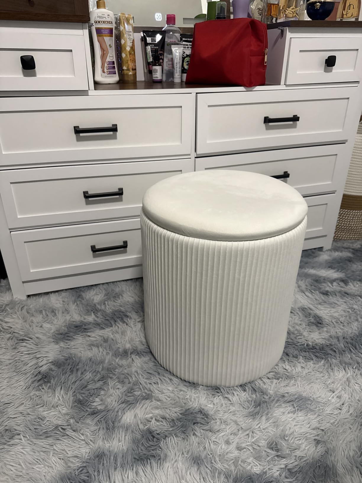 Royal Windsor Round Ottoman with Storage Set of 2, Storage Vanity Stool | Velvet Upholstered Round Storage Ottoman, Ottoman Coffee Table, Small Foot Stool for Living Room & Bedroom, White customer photo 2