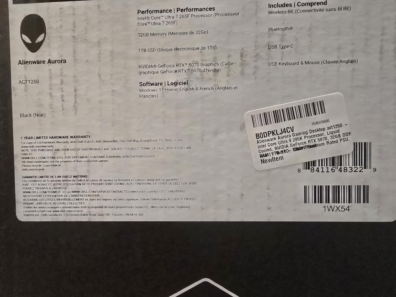 Alienware Aurora Gaming Desktop, RTX 5070, Intel Core Ultra 7 265F | 1TB SSD, 32GB DDR5, Wi-Fi 7, Bluetooth, Killer 2.5Gb Ethernet, Windows 11 Home, Wired Keyboard, ACT1250 customer photo 1