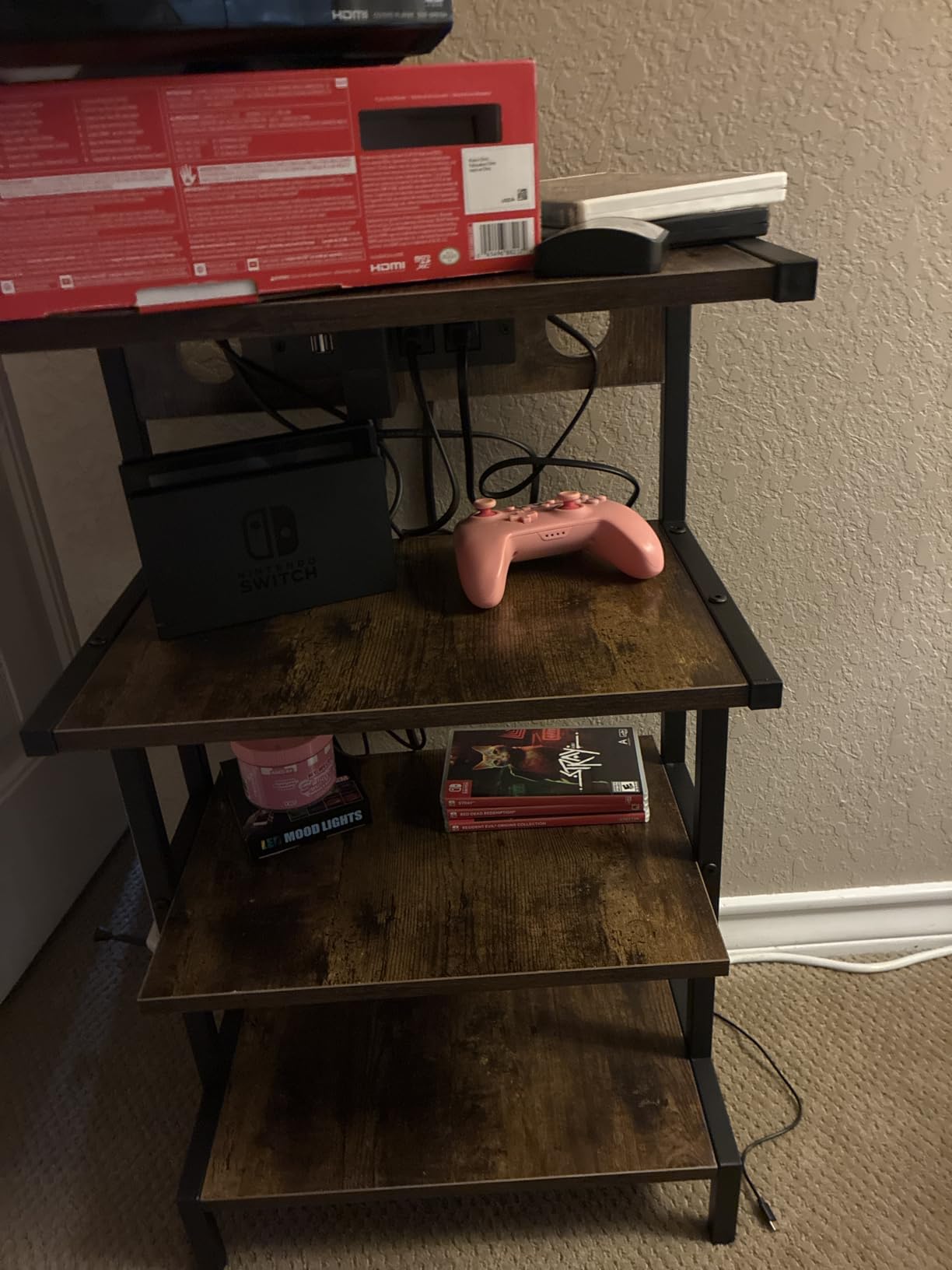 Aquzee Video Game Console Shelf, Stereo Racks - Media Stand with Outlet & Led Strip Light, 4-Tier Gaming Shelf for PS4 PS5 Xbox Games Organizer customer photo 1