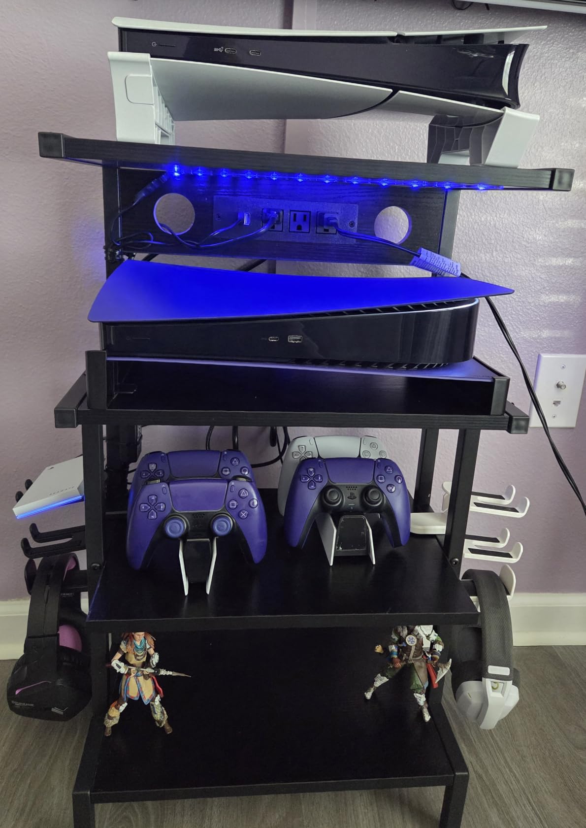 Aquzee Video Game Console Shelf, Stereo Racks - Media Stand with Outlet & Led Strip Light, 4-Tier Gaming Shelf for PS4 PS5 Xbox Games Organizer customer photo 2