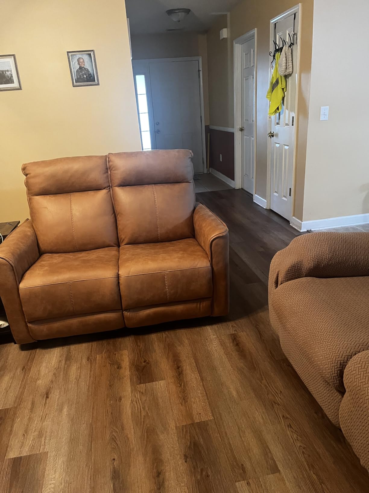 EBELLO Manual Loveseat Recliner Sofa, 2 Seat Wall-Hugger Reclining Couch with Overstuffed Backrest, Dual Recliner Chair for Living Room, Meeting Room, Home, Office, Brown customer photo 2