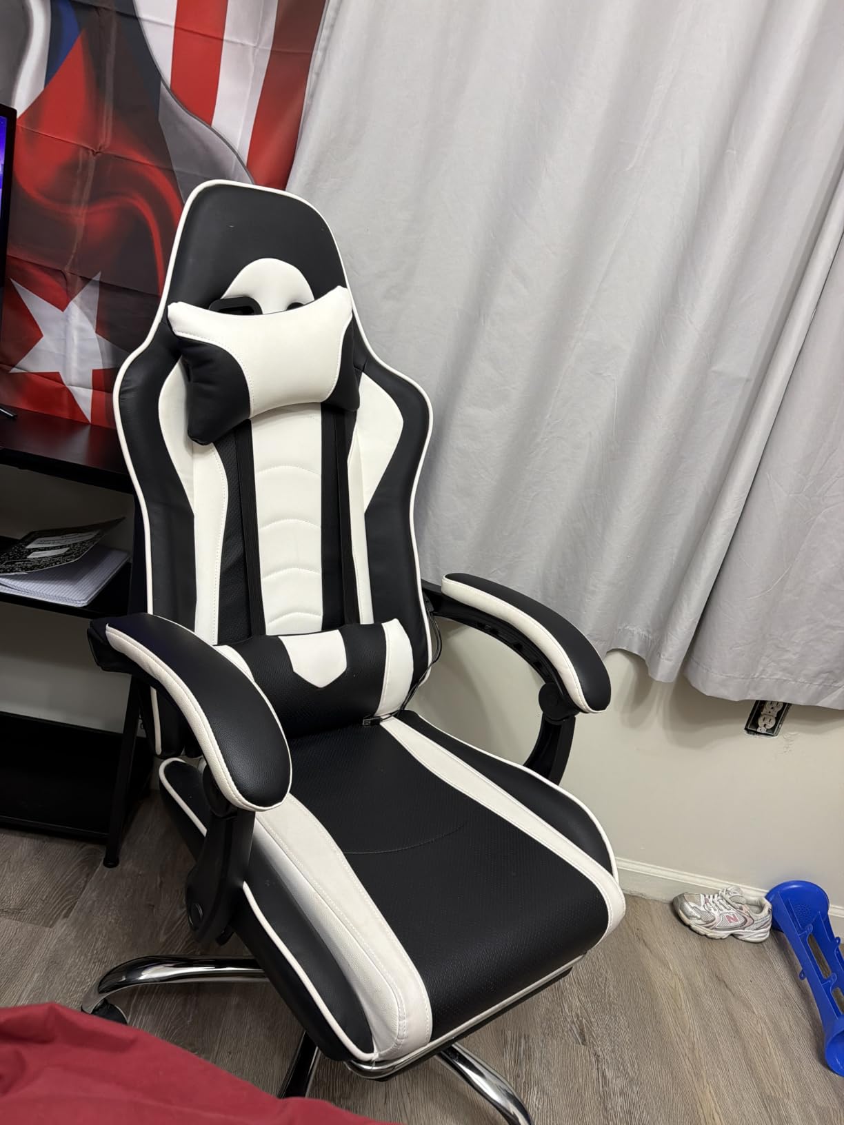 Yaheetech Gaming Chair with Footrest Massage Lumbar Pillow Reclining Black | Foam-padded PU leather racing seat and plush headrest recline with a slide-out footrest; metal frame supports up to 300 lb. customer photo 1