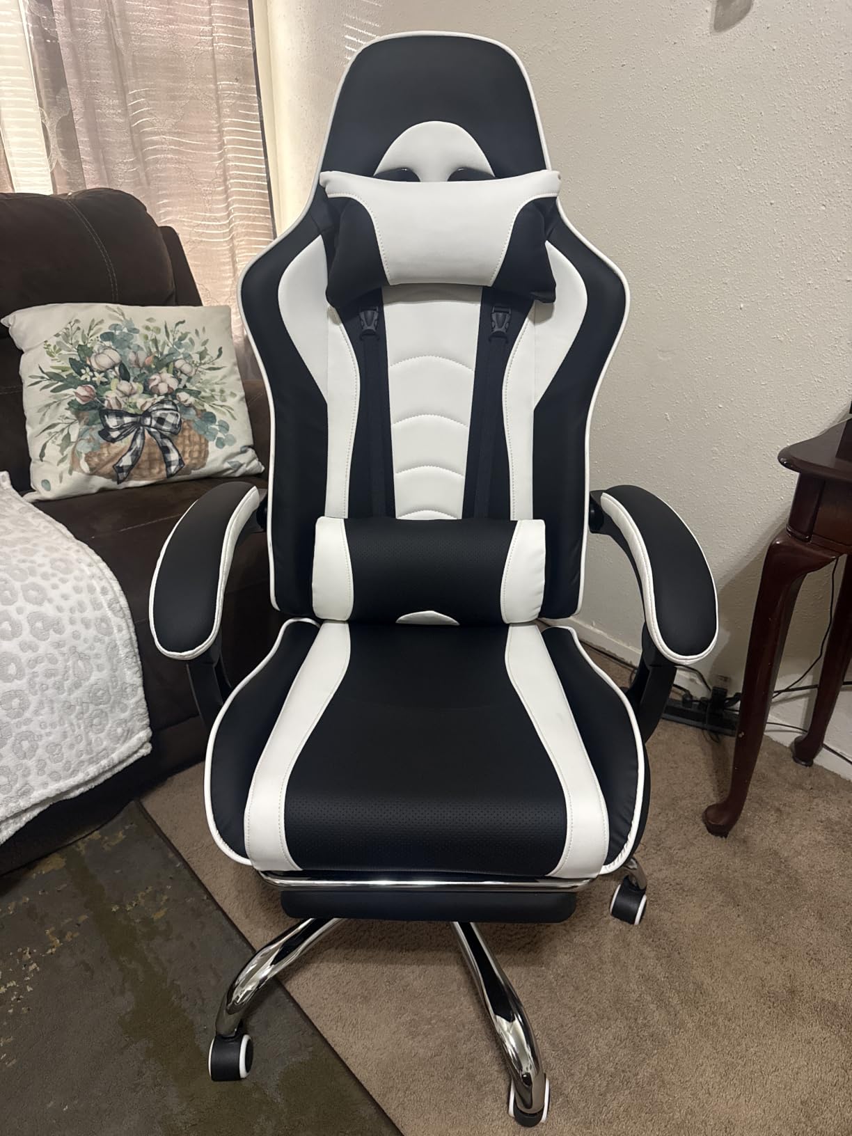 Yaheetech Gaming Chair with Footrest Massage Lumbar Pillow Reclining Black | Foam-padded PU leather racing seat and plush headrest recline with a slide-out footrest; metal frame supports up to 300 lb. customer photo 2