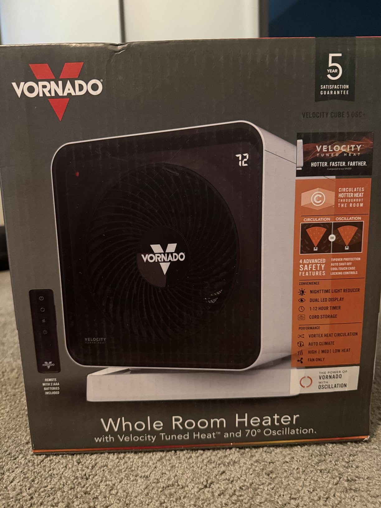 Vornado Velocity CUBE 5 OSC Whole Room Space Heater with 70º Oscillation, Remote Control, Vortex Heat Circulation, LED Touch Controls, 1-12 Hour Timer, Advanced Safety, Auto-Climate Control, White customer photo 2