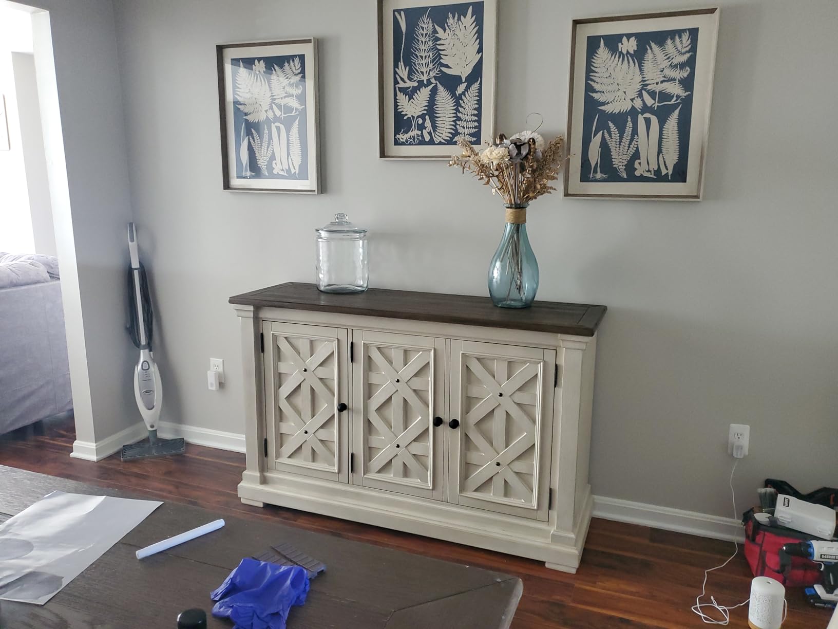 Signature Design by Ashley Bolanburg Dining Server Buffet Cabinet, 3 Doors | Two-toned 58-inch farmhouse sideboard buffet cabinet with storage, 3 latticed doors, Adjustable shelves, Flexible storage customer photo 1