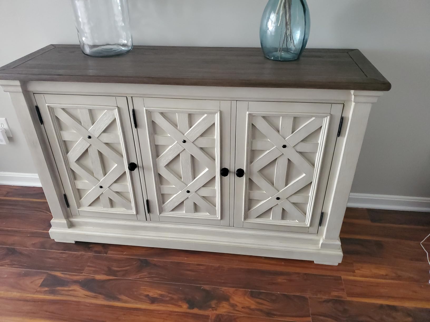 Signature Design by Ashley Bolanburg Dining Server Buffet Cabinet, 3 Doors | Two-toned 58-inch farmhouse sideboard buffet cabinet with storage, 3 latticed doors, Adjustable shelves, Flexible storage customer photo 2