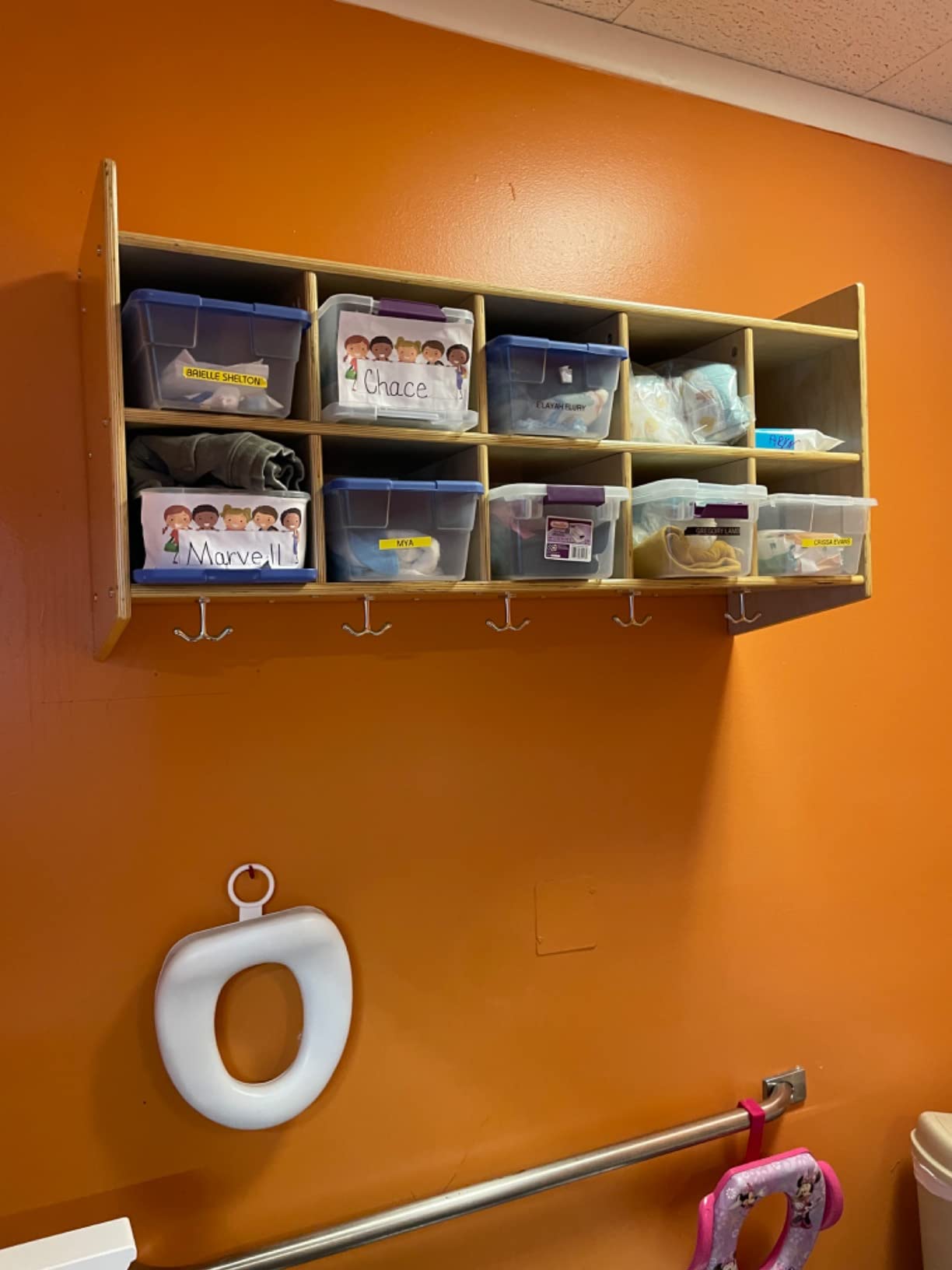 ECR4Kids 10-Section Wall-Mounted Hanging Coat Locker with Shelf, Classroom Furniture, Natural customer photo 2