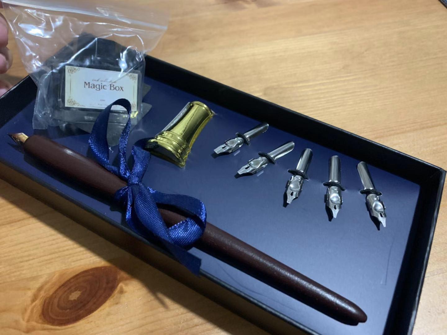 Plotube Calligraphy Pen Set, 11 Nibs, Black Ink, Pen Stand | Wooden dip pen with golden pen stand and beginner's manual customer photo 1