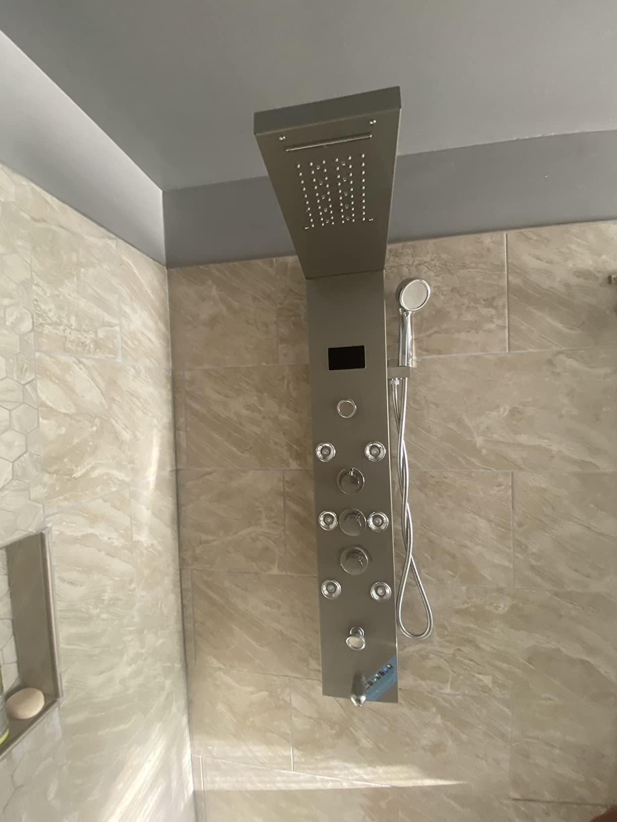 FUZ Contemporary Shower Panel Tower System Stainless Steel 6-Function Faucet LED Rainfall Waterfall Shower Head + Handheld Sprayer + Rain Massage Body Jets + Tub Spout, Brushed Nickel customer photo 2