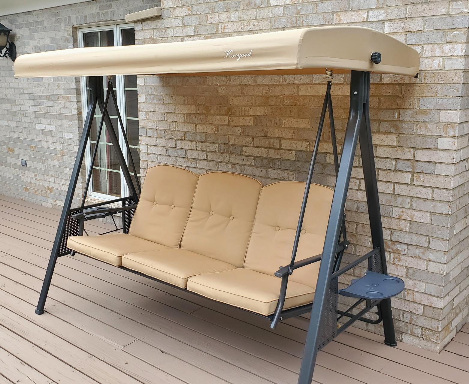 Kozyard Herbert Deluxe 3-Seat Patio Porch Swing Chair with Stand | Adjustable Canopy, Outdoor Freestanding Swing Chair for Backyard, Poolside, Balcony, Weather-Resistant, Beige customer photo 1