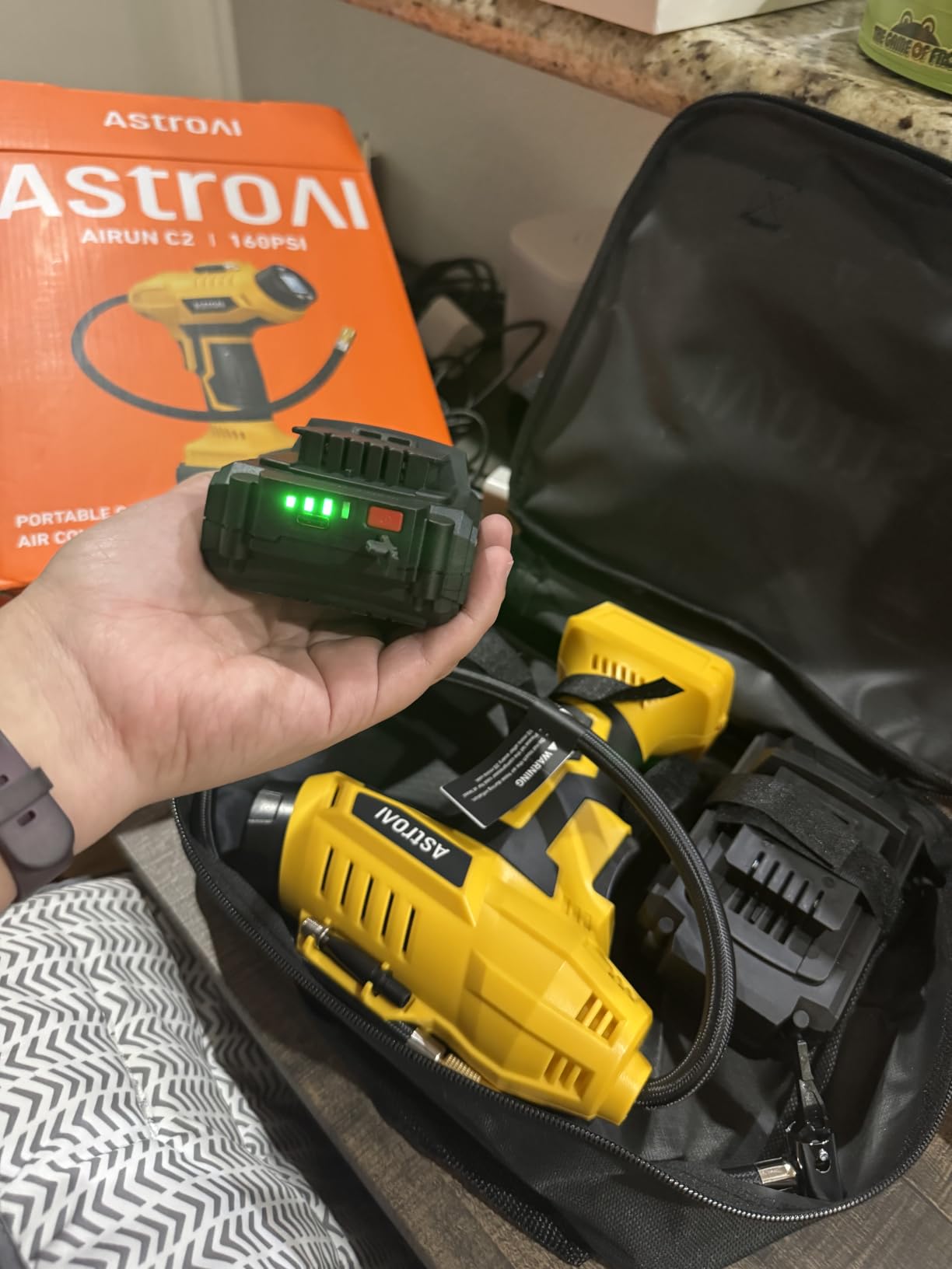 AstroAI Cordless Tire Inflator Portable Air Compressor 160PSI 12VDC Battery | Dual Power Supply Auto Shut-Off Digital Pressure Gauge Fast Inflation Air Pump for Cars Motorcycles Bikes Ball Gift Yellow customer photo 1
