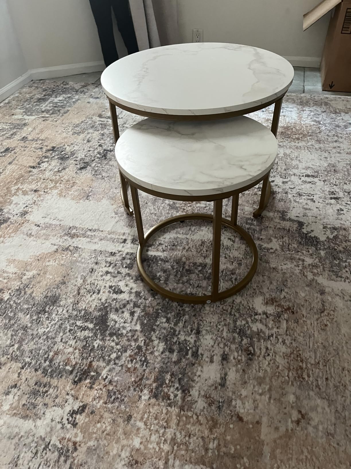 aboxoo Coffee Table Nesting White Set of 2 Side Set Golden Frame Circular Round and Marble Pattern Wooden Tables, Living Room Bedroom Apartment Modern Industrial Simple Nightstand customer photo 1