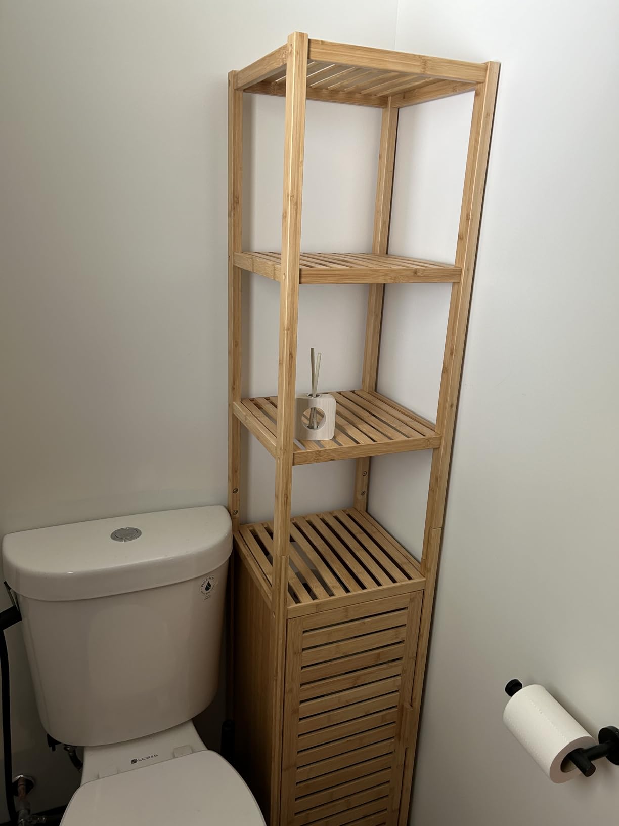VIAGDO Storage Tall Slim Cabinet with Shutter Door and 3 Tier Shelves, Freestanding Linen Tower Cabinet for Living Room, Kitchen, Bathroom Organizer, Natural Bamboo customer photo 1