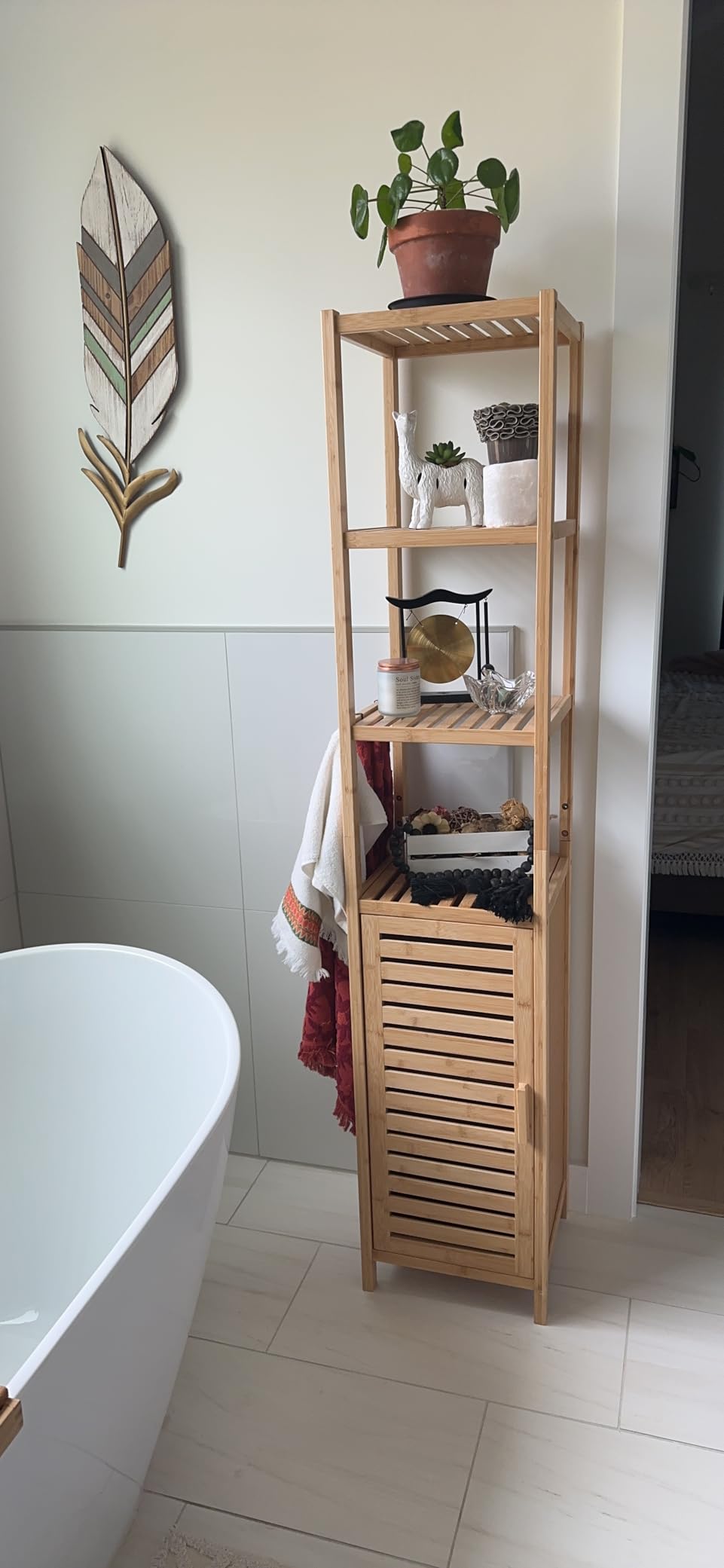 VIAGDO Storage Tall Slim Cabinet with Shutter Door and 3 Tier Shelves, Freestanding Linen Tower Cabinet for Living Room, Kitchen, Bathroom Organizer, Natural Bamboo customer photo 2