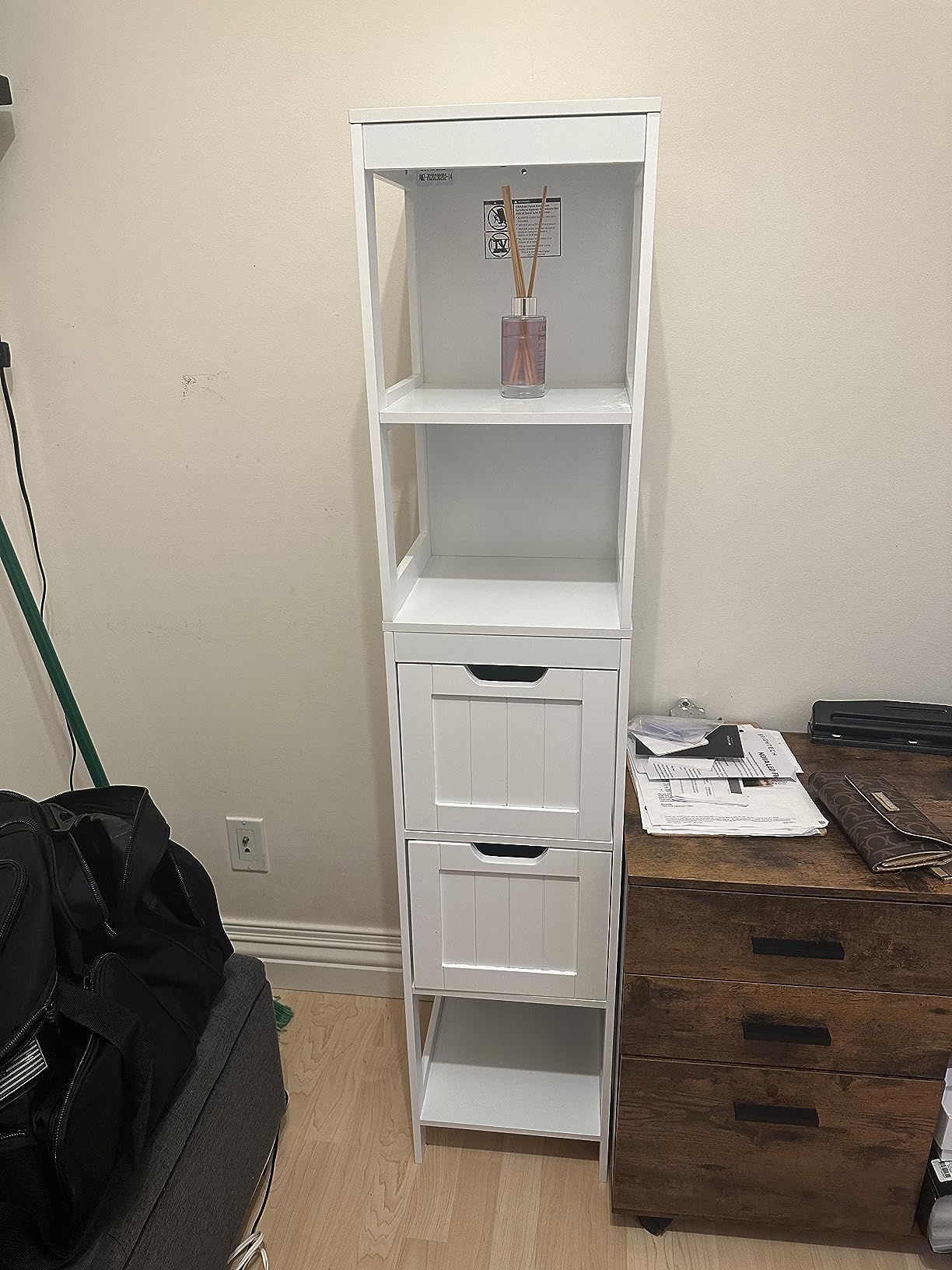 HOMEFORT Bathroom Storage Cabinet, Slim Tall Cabinet, Narrow Floor Cabinet Organizer, Wooden Linen Tower with 2 Drawers and 3 Shelves, Freestanding Cupboard White customer photo 2