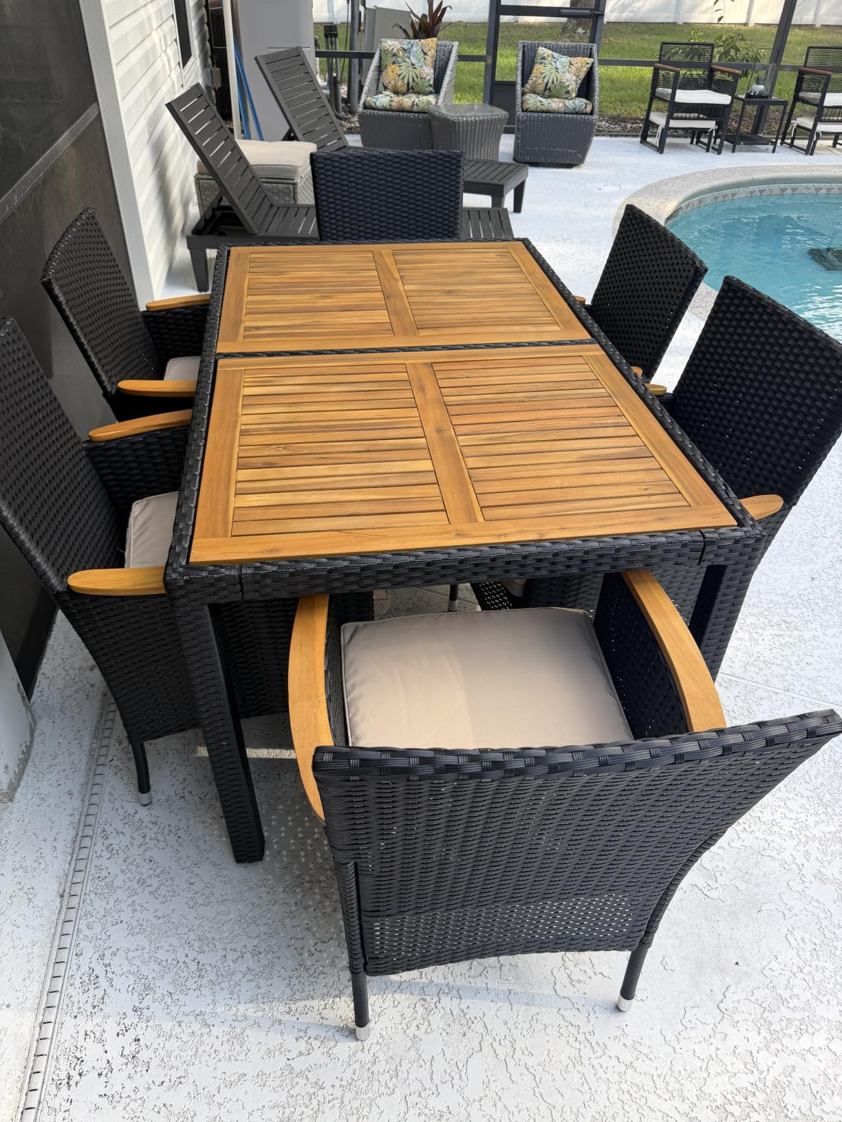 Devoko 7 PCS Acacia Wood Patio Dining Set, Black Rattan | Outdoor Patio Furniture Set, Patio Dining Table Set for 6, Patio Table and Chairs Set For Garden Backyard Pool Side customer photo 1