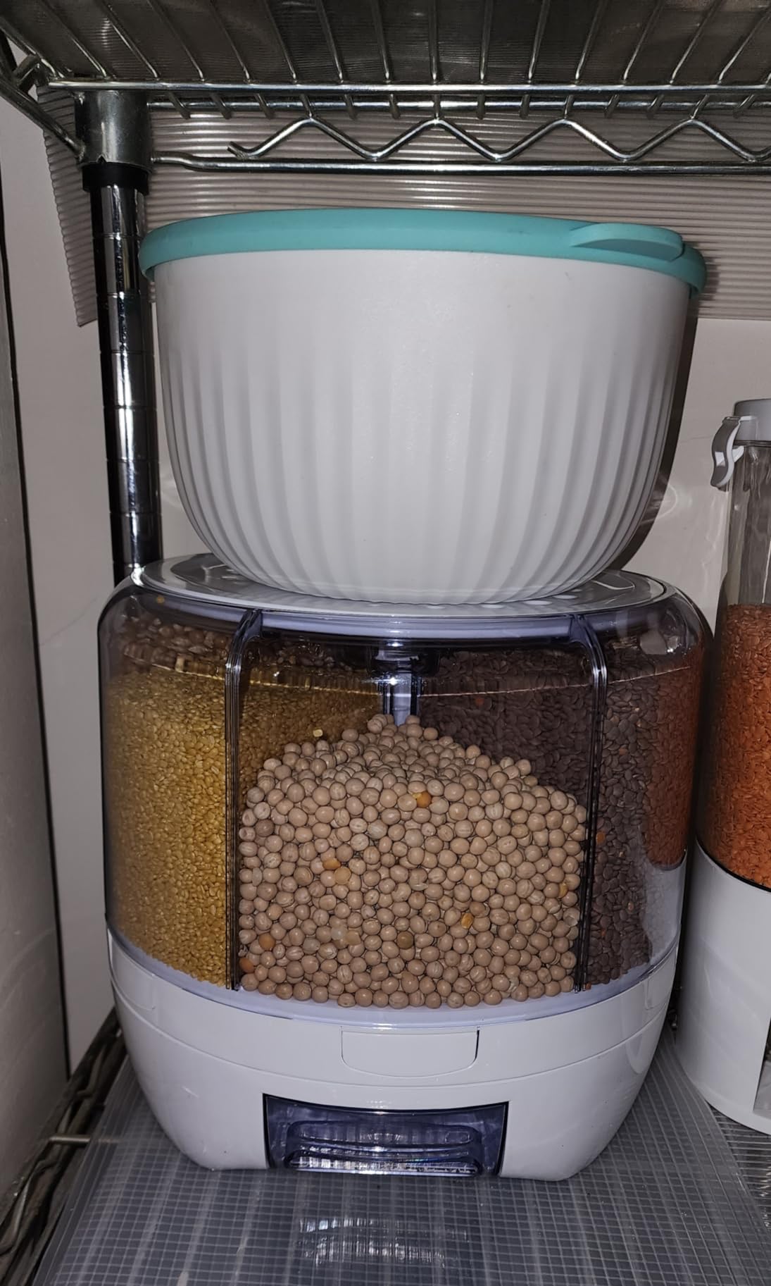 XIYAO 20Lbs Grain dispenser 360 Degree Rotating Rice Dispenser 6 Grids Transparent Rotatable Cereal Storage Container with Sealed lid for Dry Food Beans Peanut Barley Millet Seeds customer photo 2