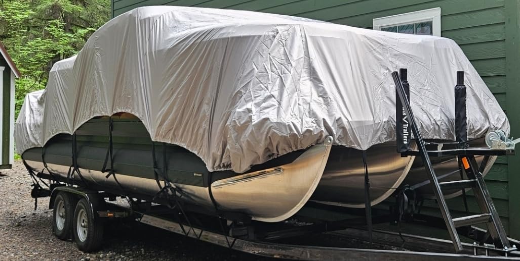 Solim Trailerable 1200D PU Heavy Duty Pontoon Boat Cover, 19-21ft Waterproof Oxford Marine Grade UV Resistant Polyester Canvas Cover, Boat Cover for Pontoon with 16 Adjustable Tie Down Straps, Gray customer photo 2