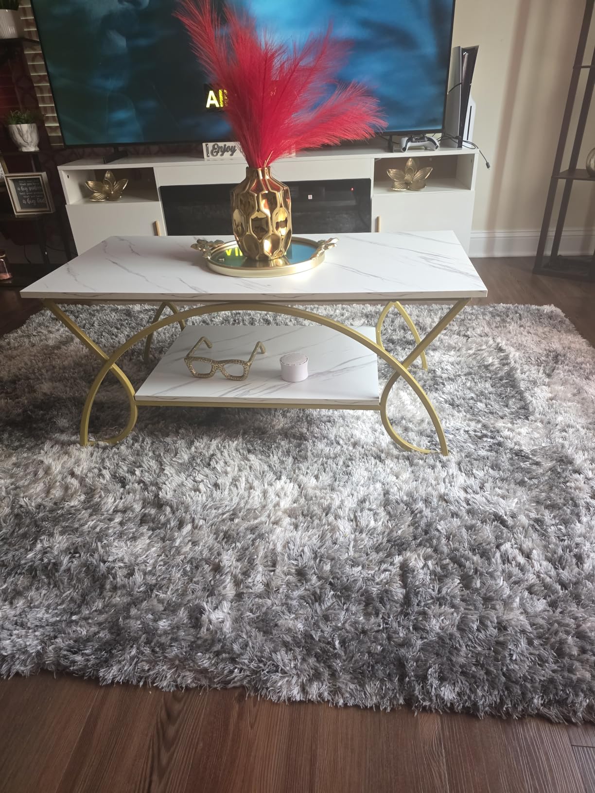 COSTWAY Marble Coffee Table, 2-Tier Modern Faux Marble Accent Table with Storage and Gold Finished Metal Frame, Chic Rectangular End Table for Living Room Office Lounge customer photo 1