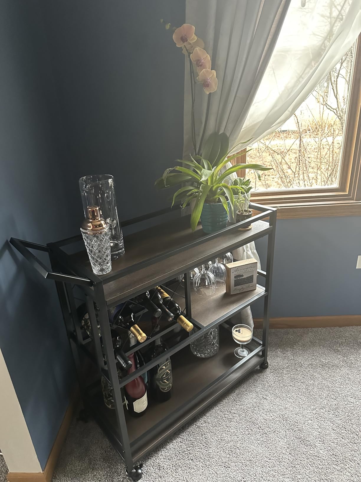 Bar Cart for The Home, Rolling Wine Carts on Wheels with 3 Tier Wood Shelves, Liquor Beverage Cart with Wine Rack and Glass Holder (Rustic Oak) customer photo 1