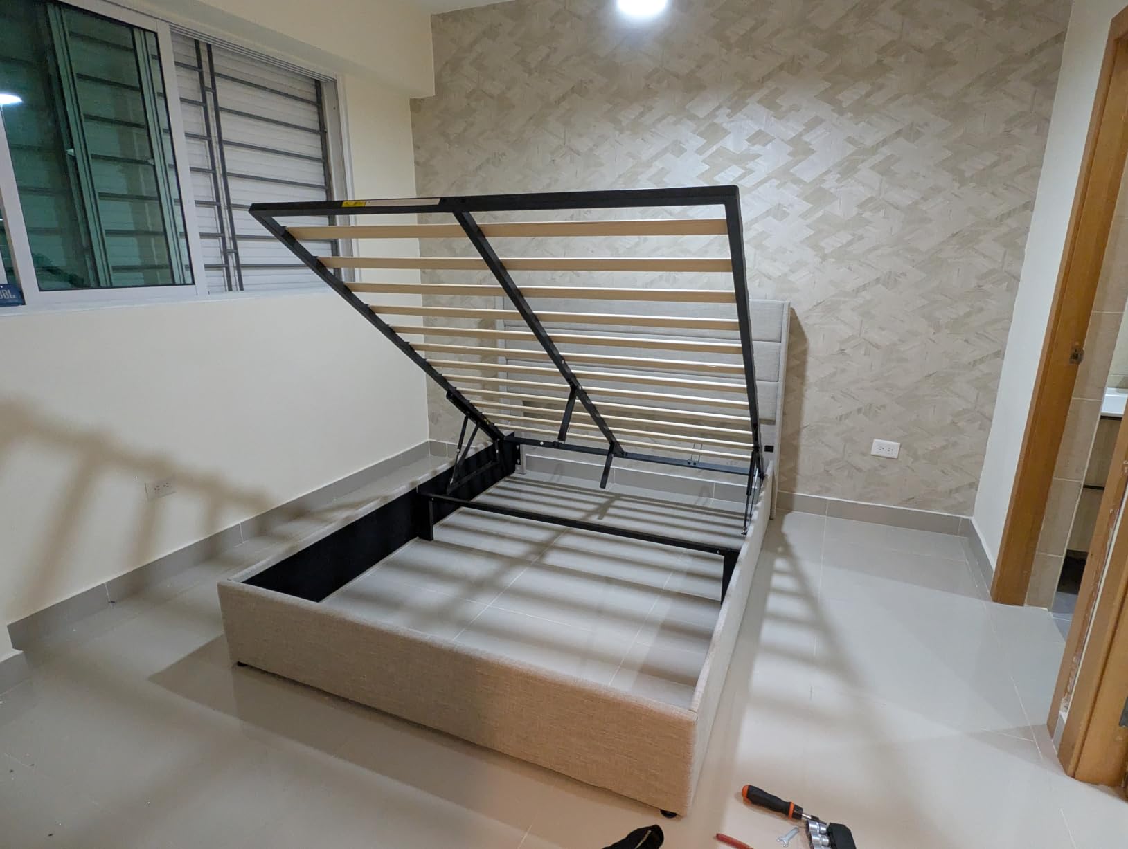 Allewie Queen Size Lift Up Hydraulic Storage Bed Frame Light Beige, Wingback Headboard, No Box Spring Needed customer photo 1