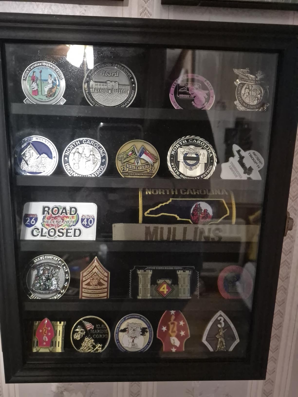 Military Challenge Coin Holder Medal Display Case with HD Tempered Glass Door 5 Rows Poker Chips Shadow Box Cabinet Removable Shelves 2 Groove Slots for Collectors, Rust Brown Finish customer photo 2