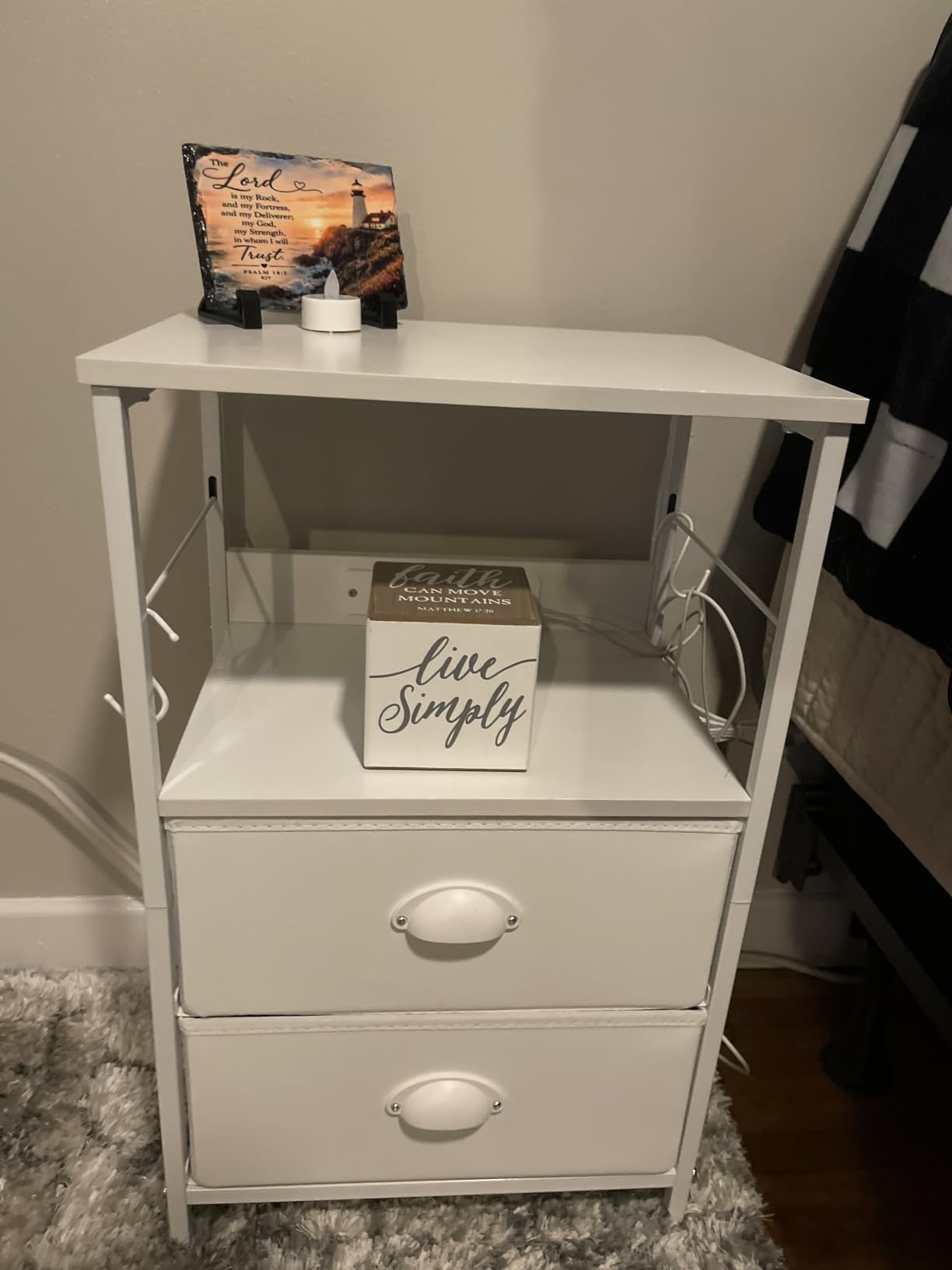 Furologee End Table with Charging Station, Nightstand with Fabric Drawers, Side Tables with USB Ports & Outlets, Night Stand with Storage Shelf & Hooks, for Living Room/Bedroom, White customer photo 2