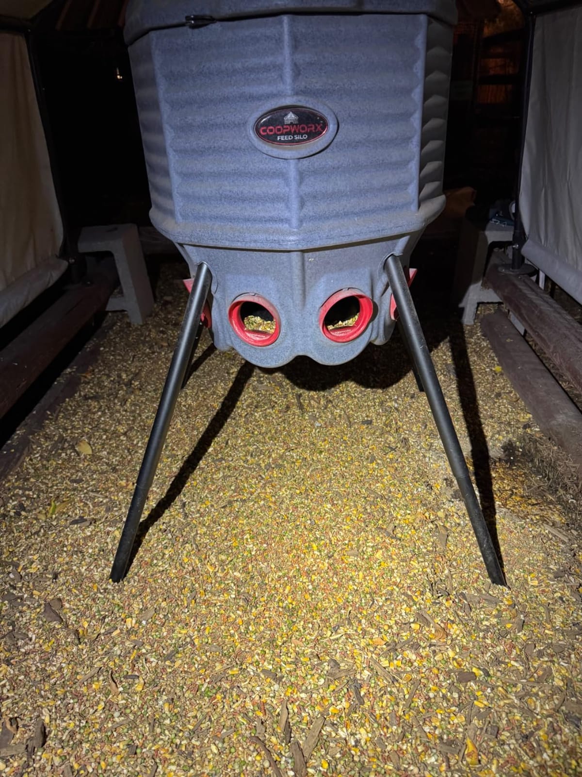 CoopWorx Poultry Feeder - 80 lb Capacity - Adjustable Height - UV Stable - Weather Resistant - 8 Feed Ports - Silo Shaped Design - Rust-Proof - Made in USA customer photo 1