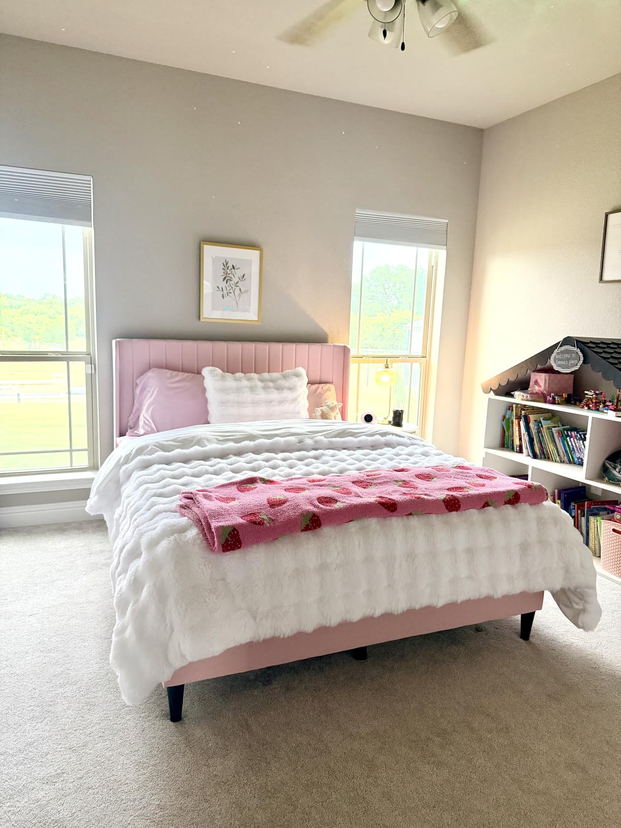 Yaheetech Queen Bed Frame with Headboard, Ivory Channel-Tufted Platform, Upholstered Linen Blend Fabric customer photo 2