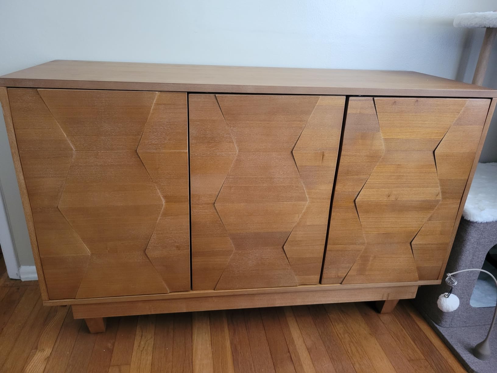 HULALA HOME Modern Kitchen Buffet Cabinet Storage Sideboard with 3D Geometric Design, Freestanding Floor Cabinet with 3 Doors & 2 Adjustable Interior Shelves for Living Room Dining Room Hallway, Walnut customer photo 1