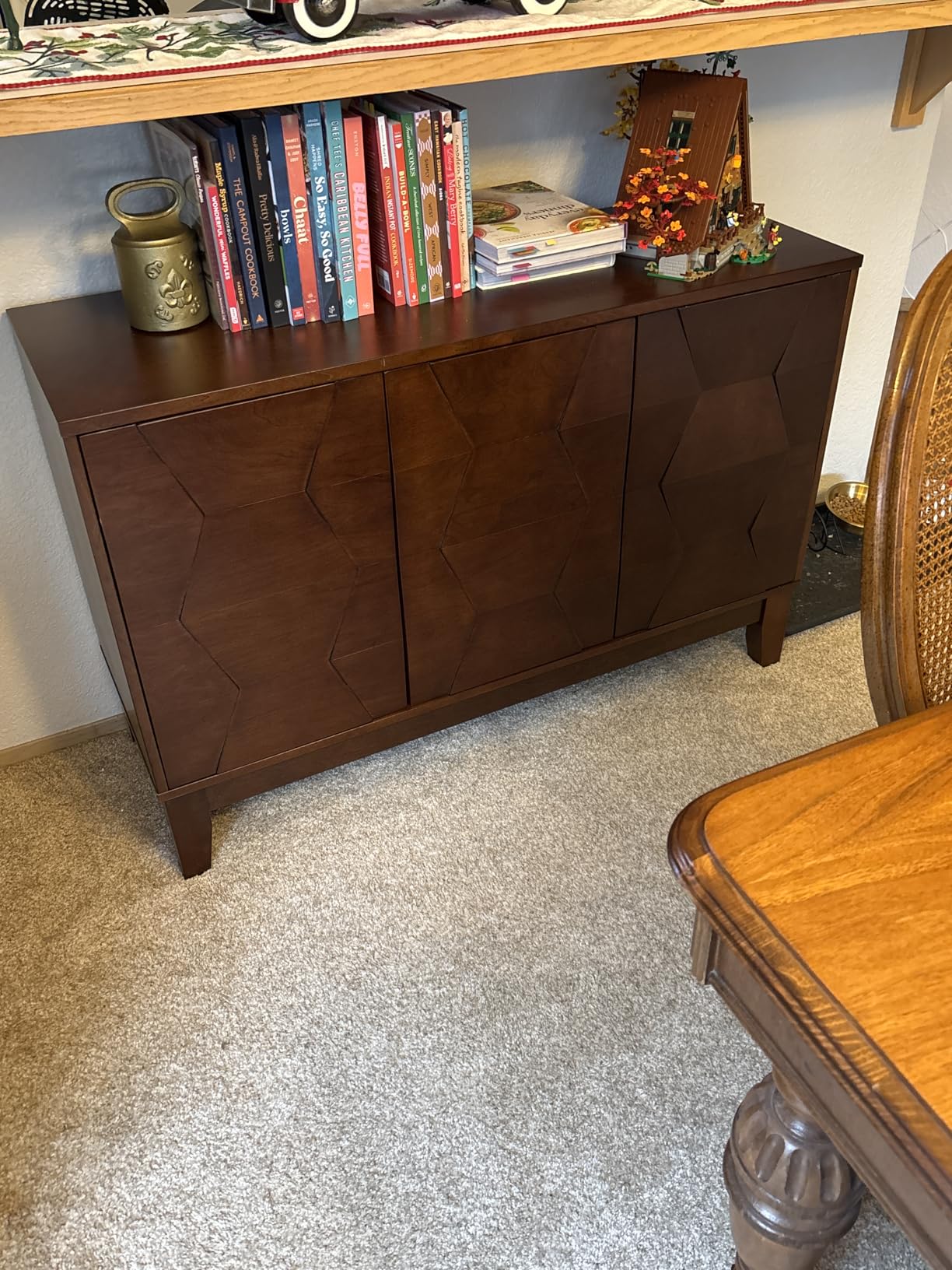 HULALA HOME Modern Kitchen Buffet Cabinet Storage Sideboard with 3D Geometric Design, Freestanding Floor Cabinet with 3 Doors & 2 Adjustable Interior Shelves for Living Room Dining Room Hallway, Walnut customer photo 2