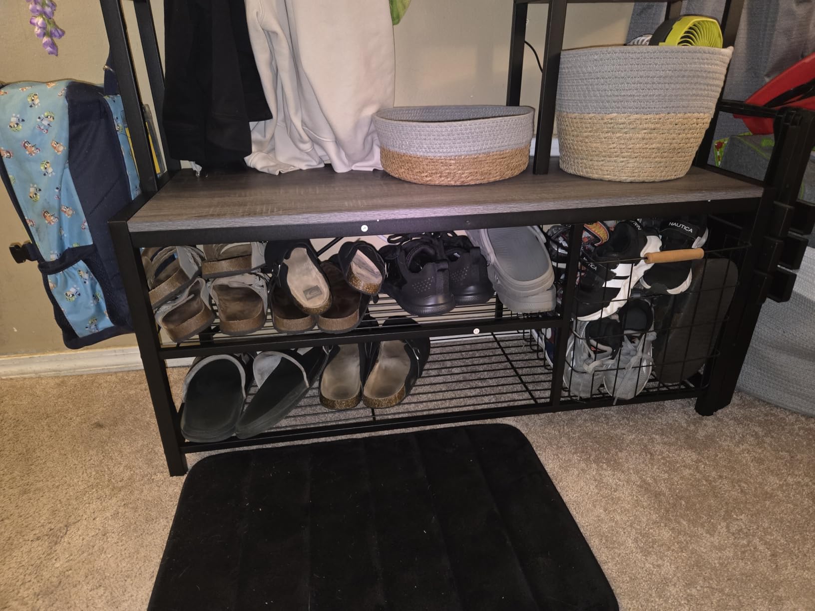 BON AUGURE Farmhouse Hall Tree for Entryway, Mudroom Bench with Shoe Storage, Large Coat Rack Shoe Bench with 5 Tier Open Shelves, Adjustable Side Hooks and Hanging Rod for Foyer (Vintage Oak) customer photo 1