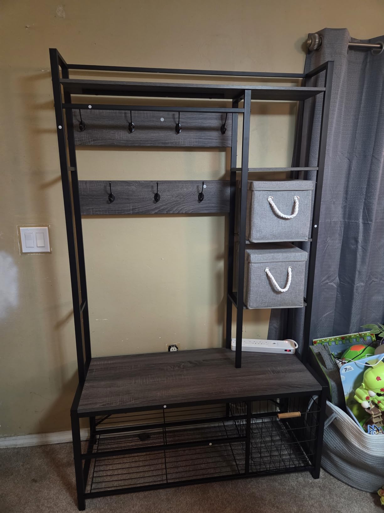 BON AUGURE Farmhouse Hall Tree for Entryway, Mudroom Bench with Shoe Storage, Large Coat Rack Shoe Bench with 5 Tier Open Shelves, Adjustable Side Hooks and Hanging Rod for Foyer (Vintage Oak) customer photo 2