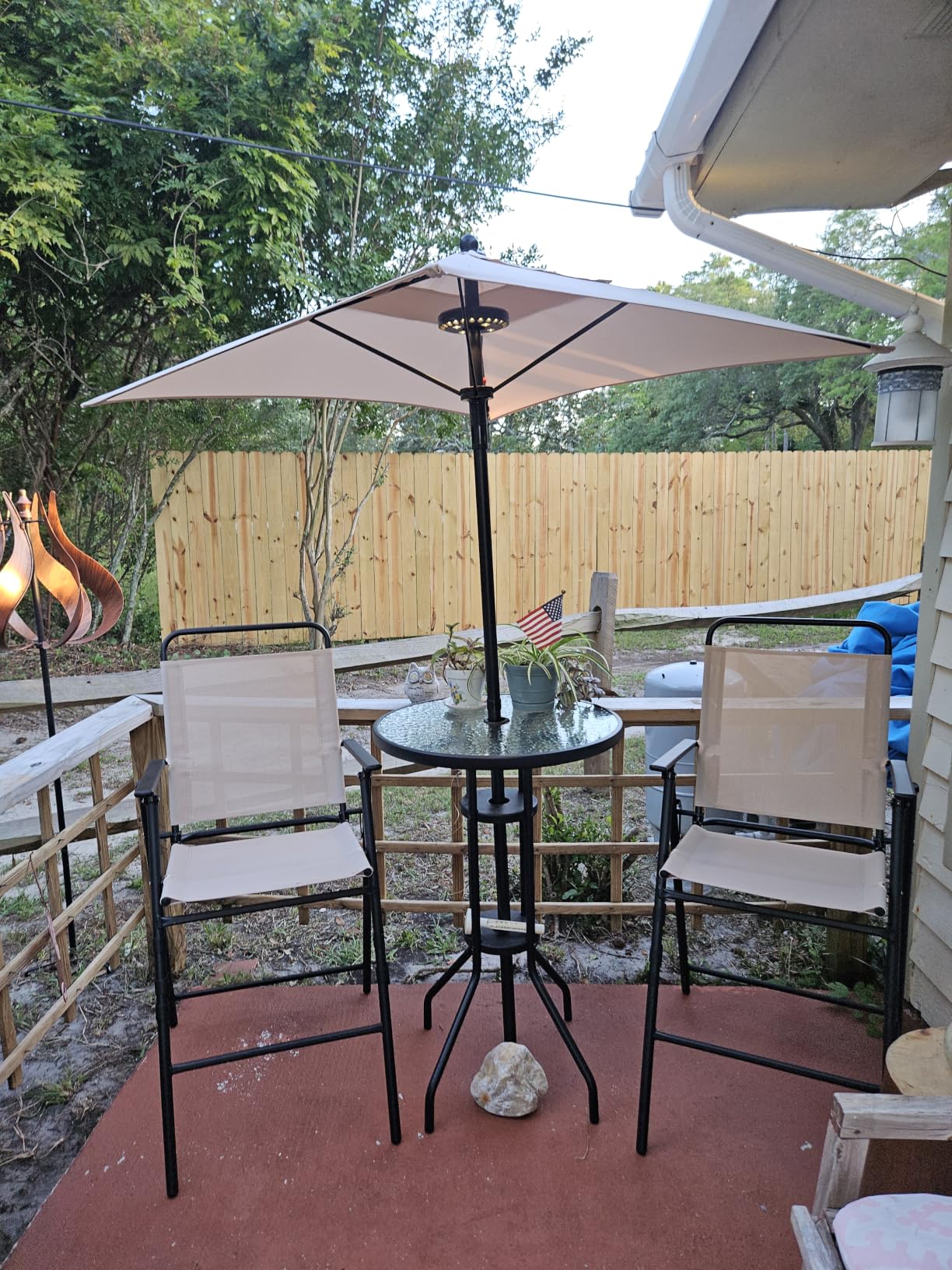 Giantex 4-Piece Outdoor Bar Set, Round High Top Bar Table with 2 Folding Counter Height Chairs & Umbrella, Patio Bistro Table Set with Tempered Glass Top for Garden Porch Poolside, Beige customer photo 1