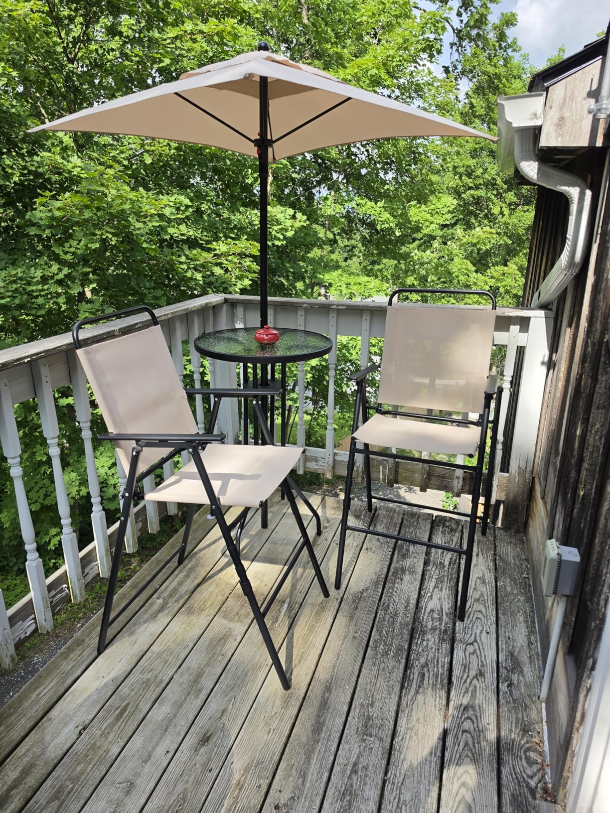 Giantex 4-Piece Outdoor Bar Set, Round High Top Bar Table with 2 Folding Counter Height Chairs & Umbrella, Patio Bistro Table Set with Tempered Glass Top for Garden Porch Poolside, Beige customer photo 2
