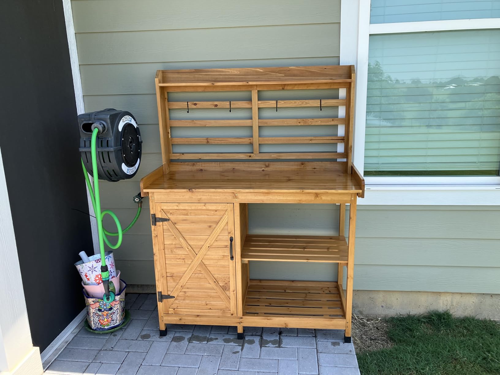 Yaheetech Outdoor Potting Bench with Storage, Planting Table for Patio, Gray | Large worktop, storage cabinet and open shelf organize pots, soil and tools for planting, repotting and everyday garden tasks customer photo 1