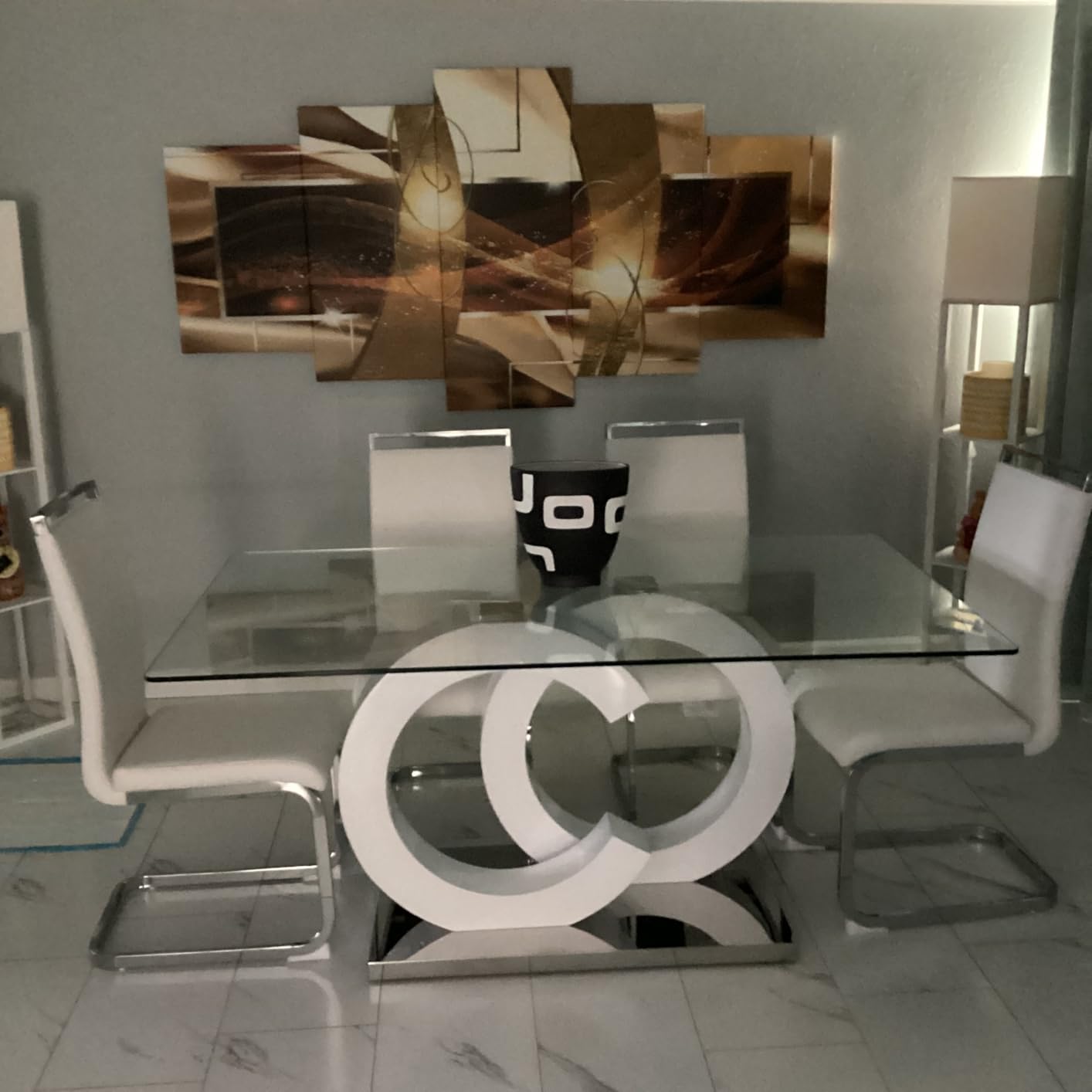 63'' Dining Table Set for 6, Modern Glass Dining Room Table Set for 6 with PU Leather Ergonomic Chairs for Home, Kitchen, Living Room customer photo 1