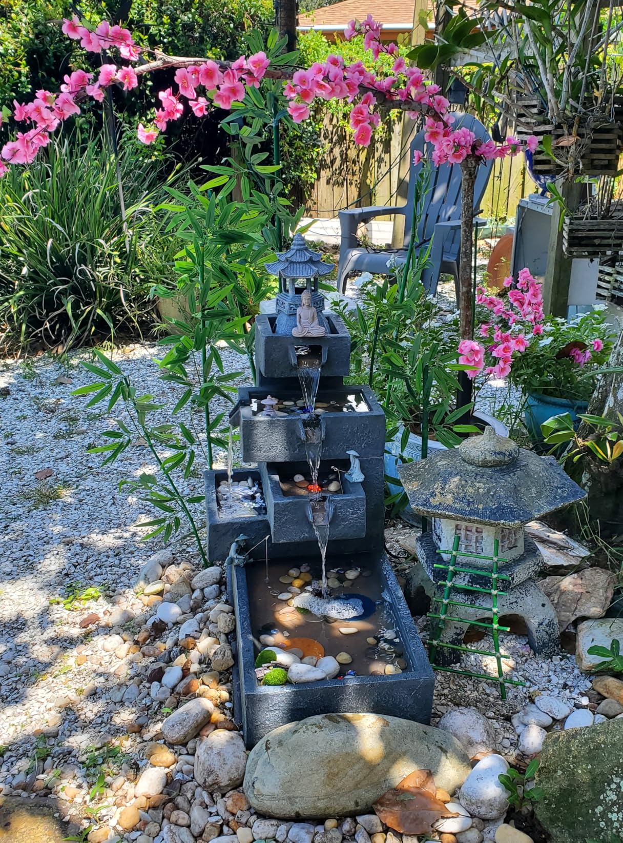 Tankana Tiered Water Fountain Outdoor Garden - Waterfall Indoor Freestanding Cascade Fountain Concrete Artistry Modern Style with LED Lights for Patio Yard Pool Home Decor, 32.5 inches Long customer photo 2